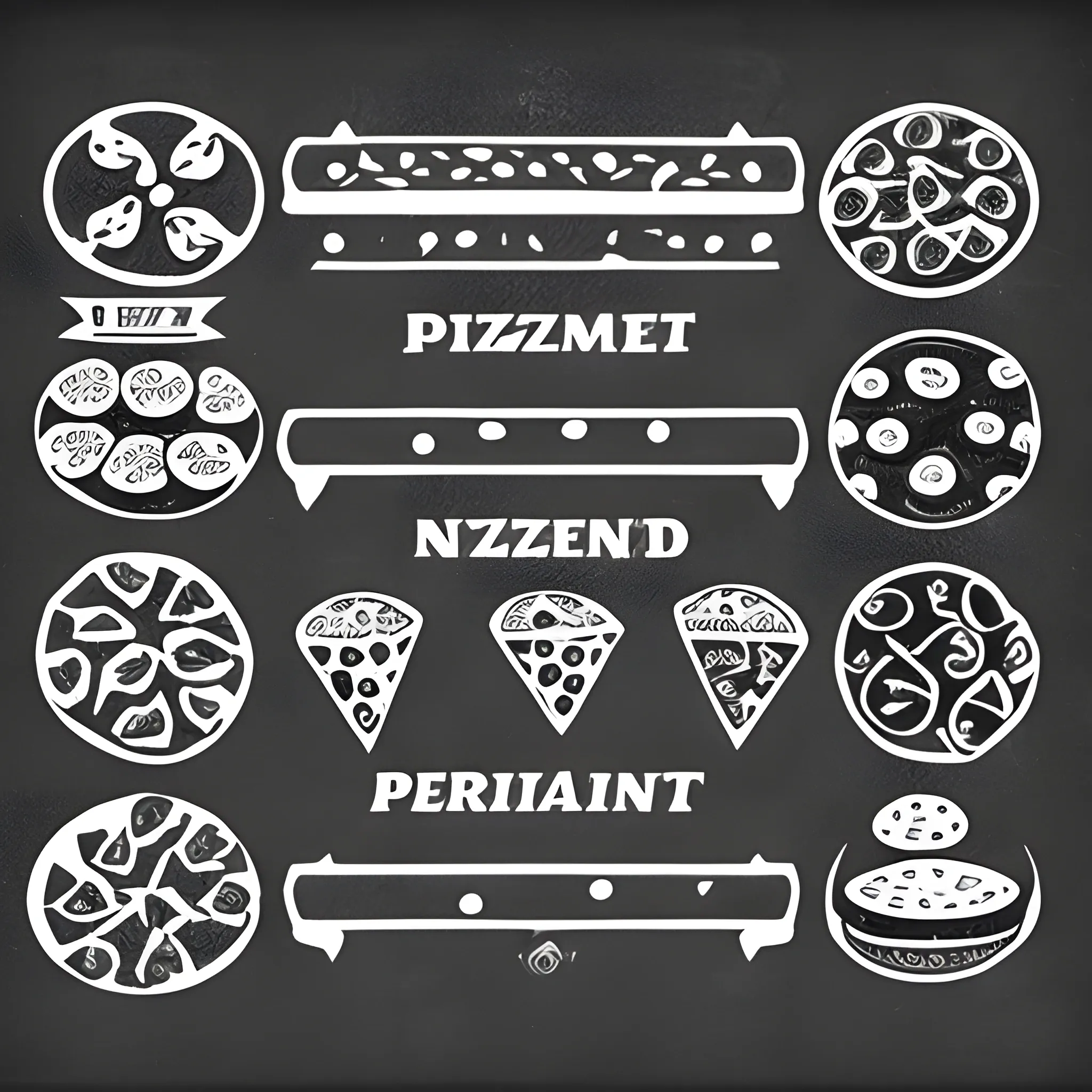 Create a pattern with pizza ingredients for a homepage banner site, stencil style, black and white