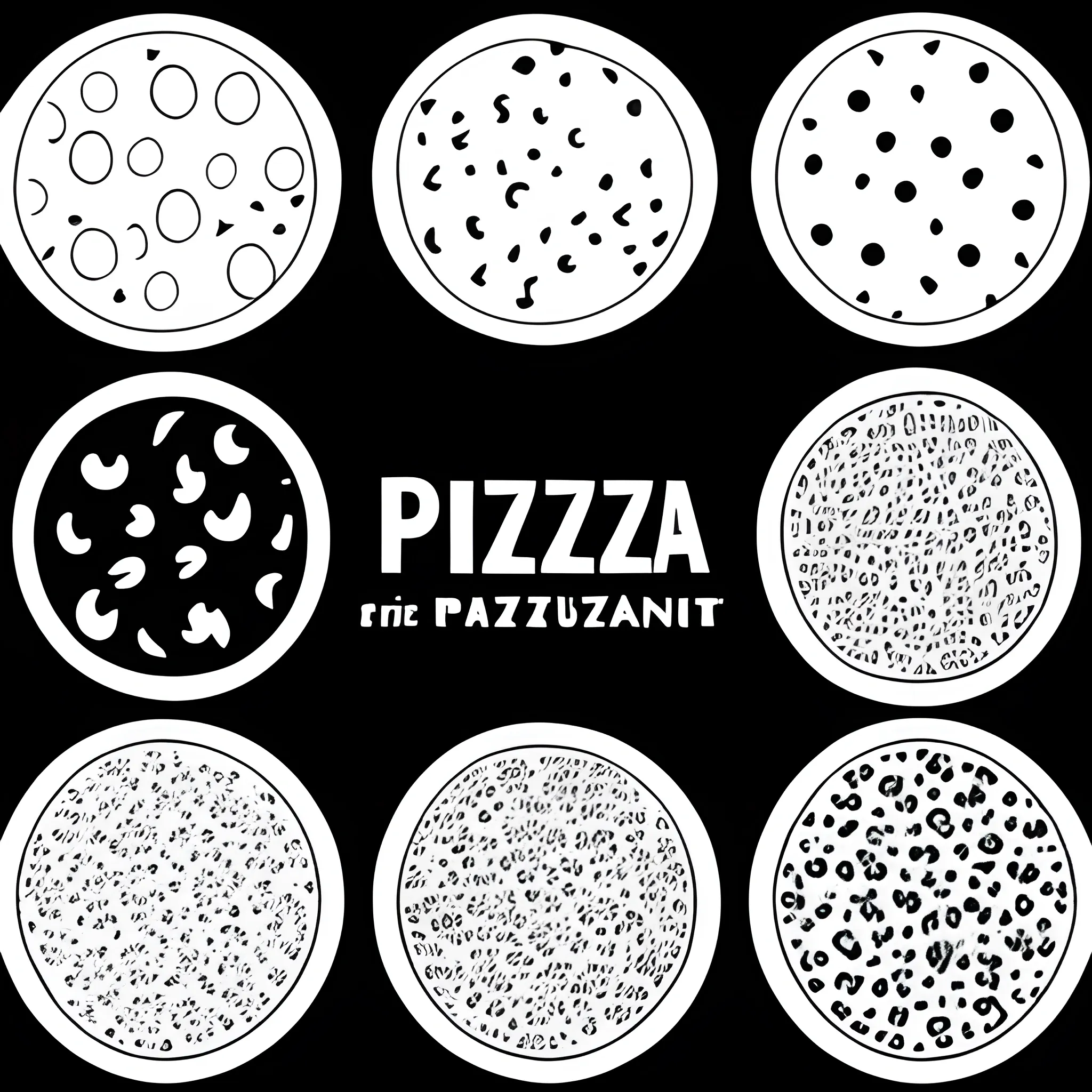 Create a pattern with pizza ingredients for a homepage banner site, stencil style, black and white