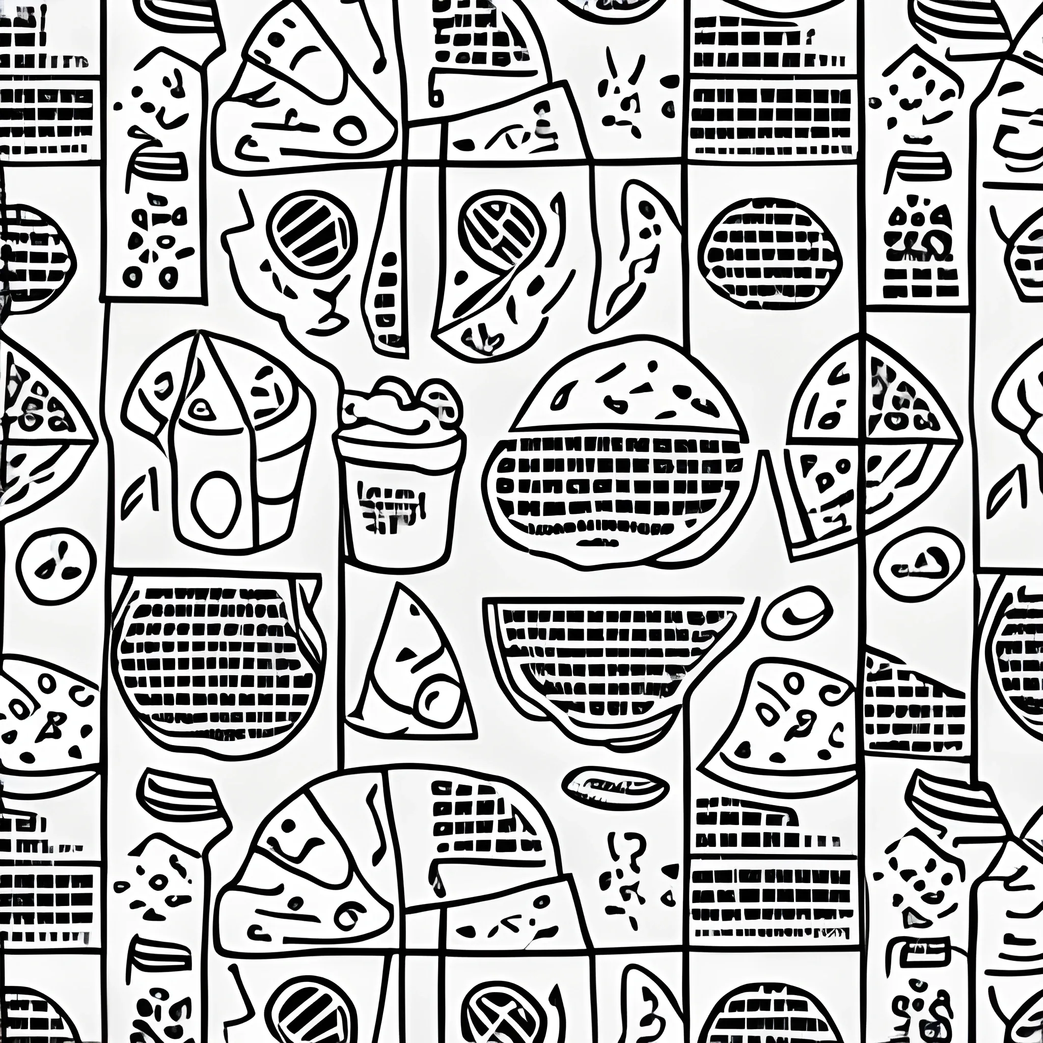 Create a pattern with pizza ingredients for a homepage banner site, stencil style, black and white