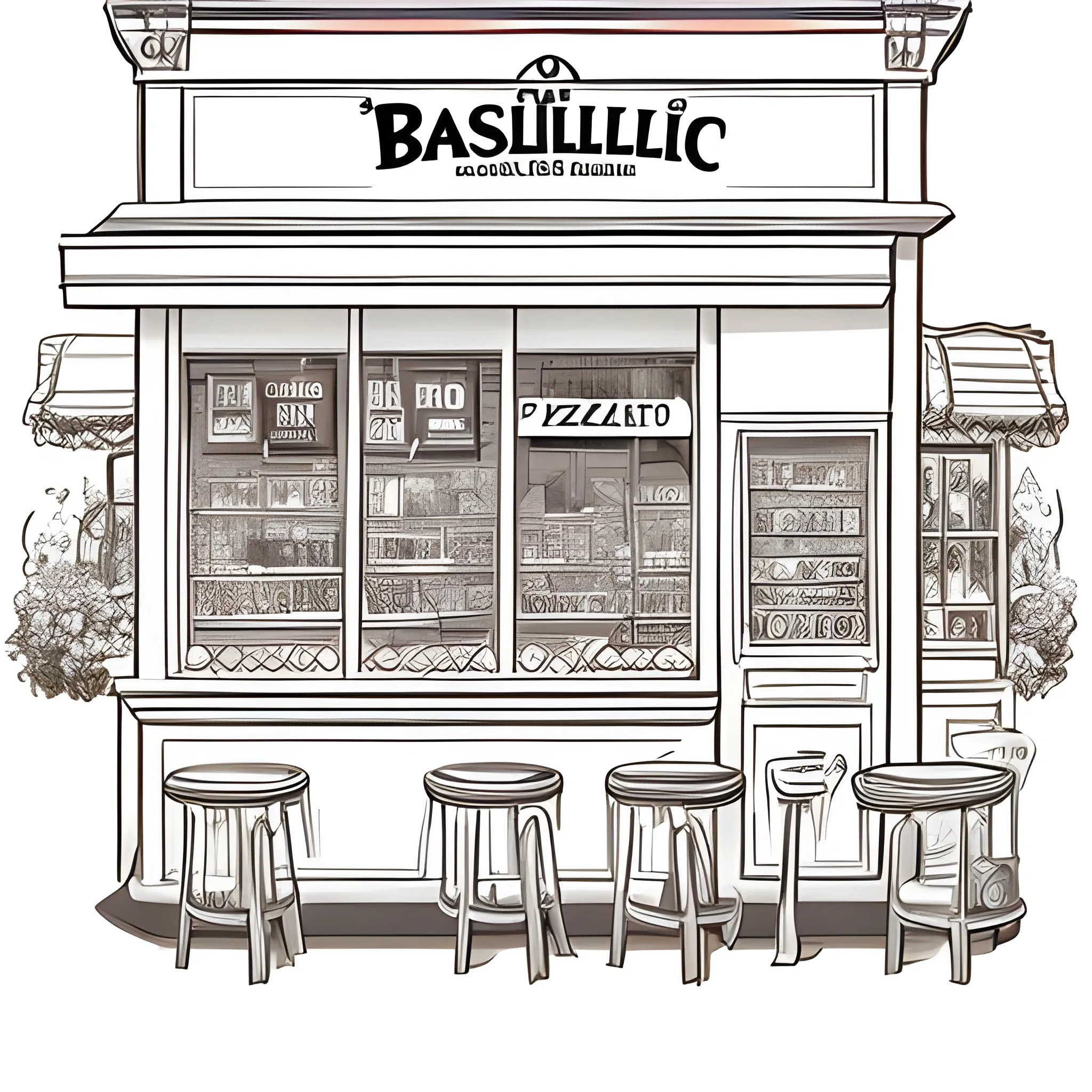 "Create a banner for the website of a pizzeria named Basilic, where basil is the predominant element. The image should clearly convey the atmosphere of an authentic village shop that uses only genuine and fresh ingredients. The requested style is a freehand pencil drawing with fine and clean lines, without too many details or colors. The goal is to portray a simple, fresh, and high-quality image, emphasizing the connection with the use of basil in pizza preparation."