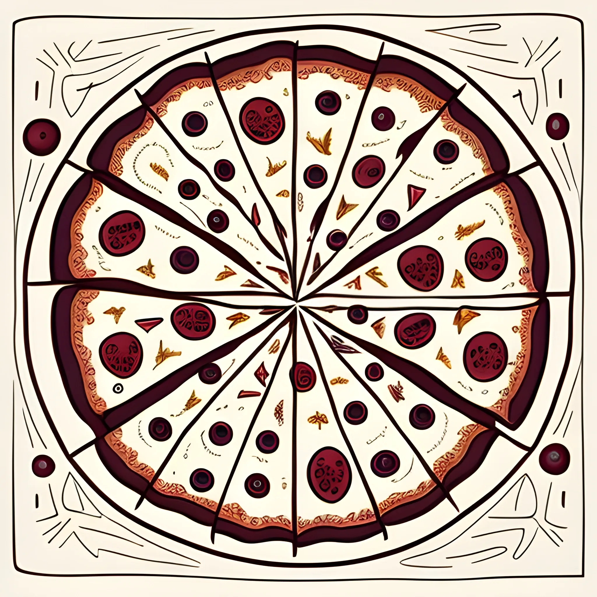 "Create a pattern with pizza ingredients. The art should be crafted with a freehand pencil stroke, characterized by thin and clean lines, without excessive details or colors. Creatively and harmoniously represent typical pizza elements such as tomatoes, cheese, basil, and other ingredients. The goal is to design something that conveys simplicity and elegance, capturing the essence of the ingredients without burdening the composition with too many details or colors."