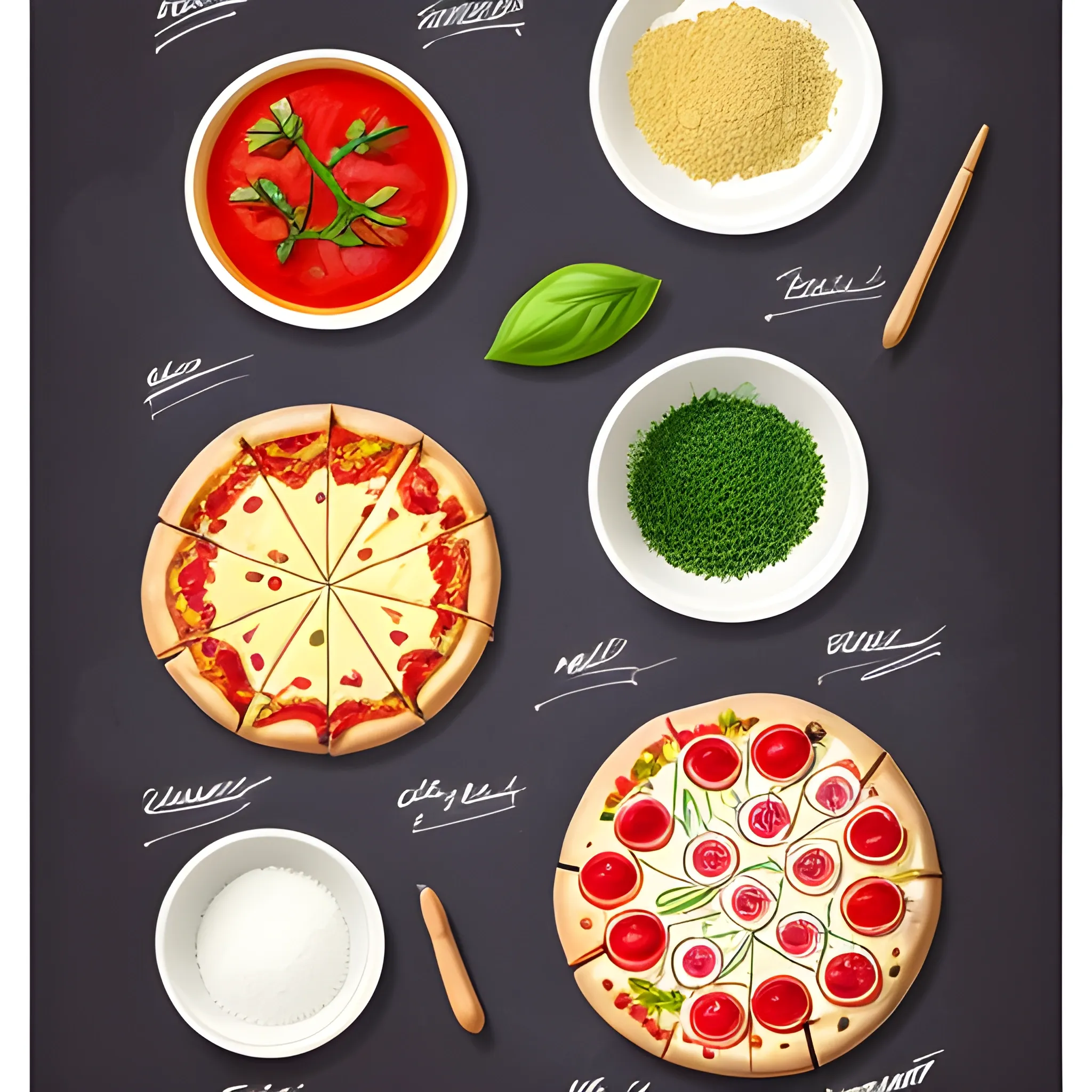 "Create a pattern with pizza ingredients. The art should be crafted with a freehand pencil stroke, characterized by thin and clean lines, without excessive details or colors. Creatively and harmoniously represent typical pizza elements such as tomatoes, cheese, basil, and other ingredients. The goal is to design something that conveys simplicity and elegance, capturing the essence of the ingredients without burdening the composition with too many details or colors."