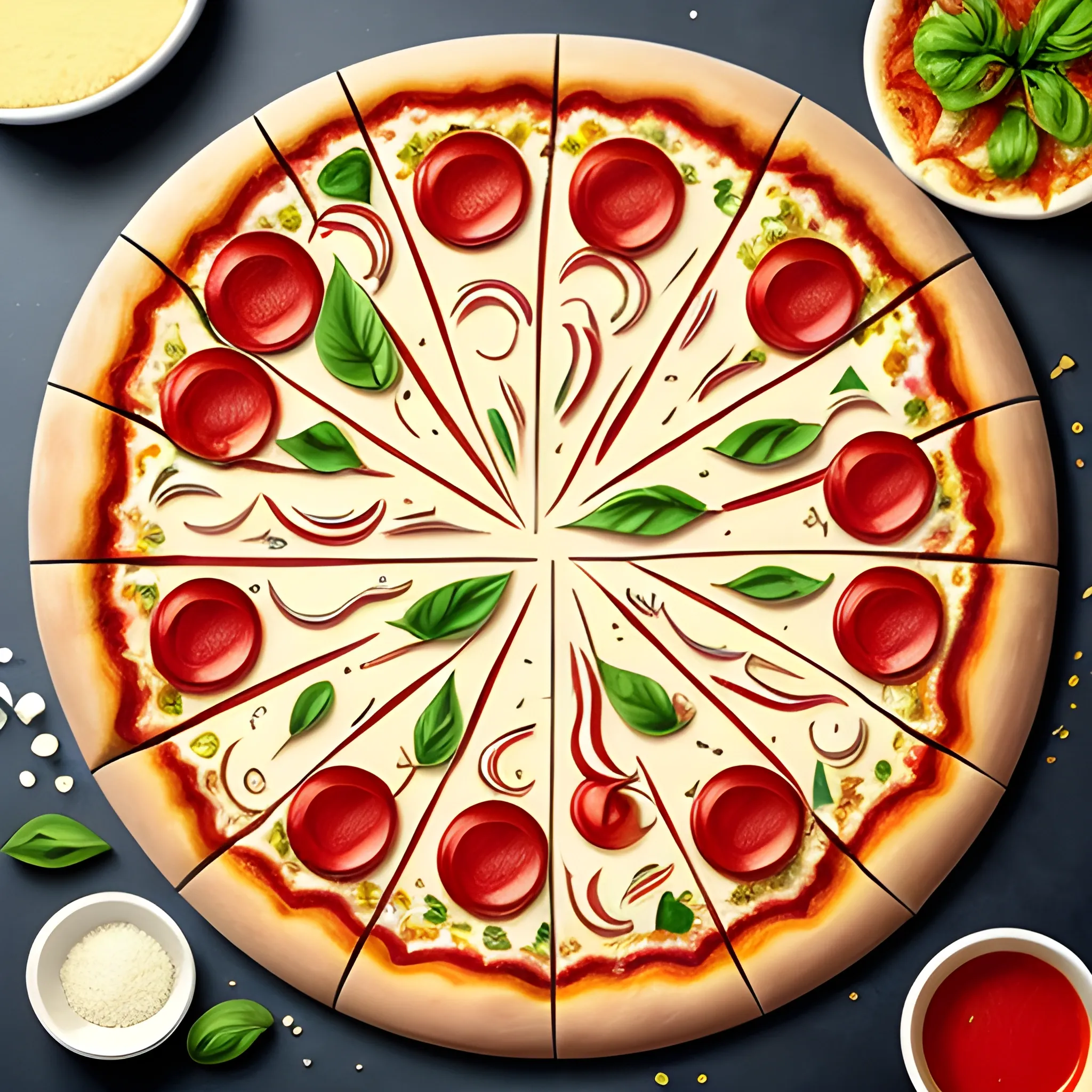 "Create a pattern with pizza ingredients. The art should be crafted with a freehand pencil stroke, characterized by thin and clean lines, without excessive details or colors. Creatively and harmoniously represent typical pizza elements such as tomatoes, cheese, basil, and other ingredients. The goal is to design something that conveys simplicity and elegance, capturing the essence of the ingredients without burdening the composition with too many details or colors."