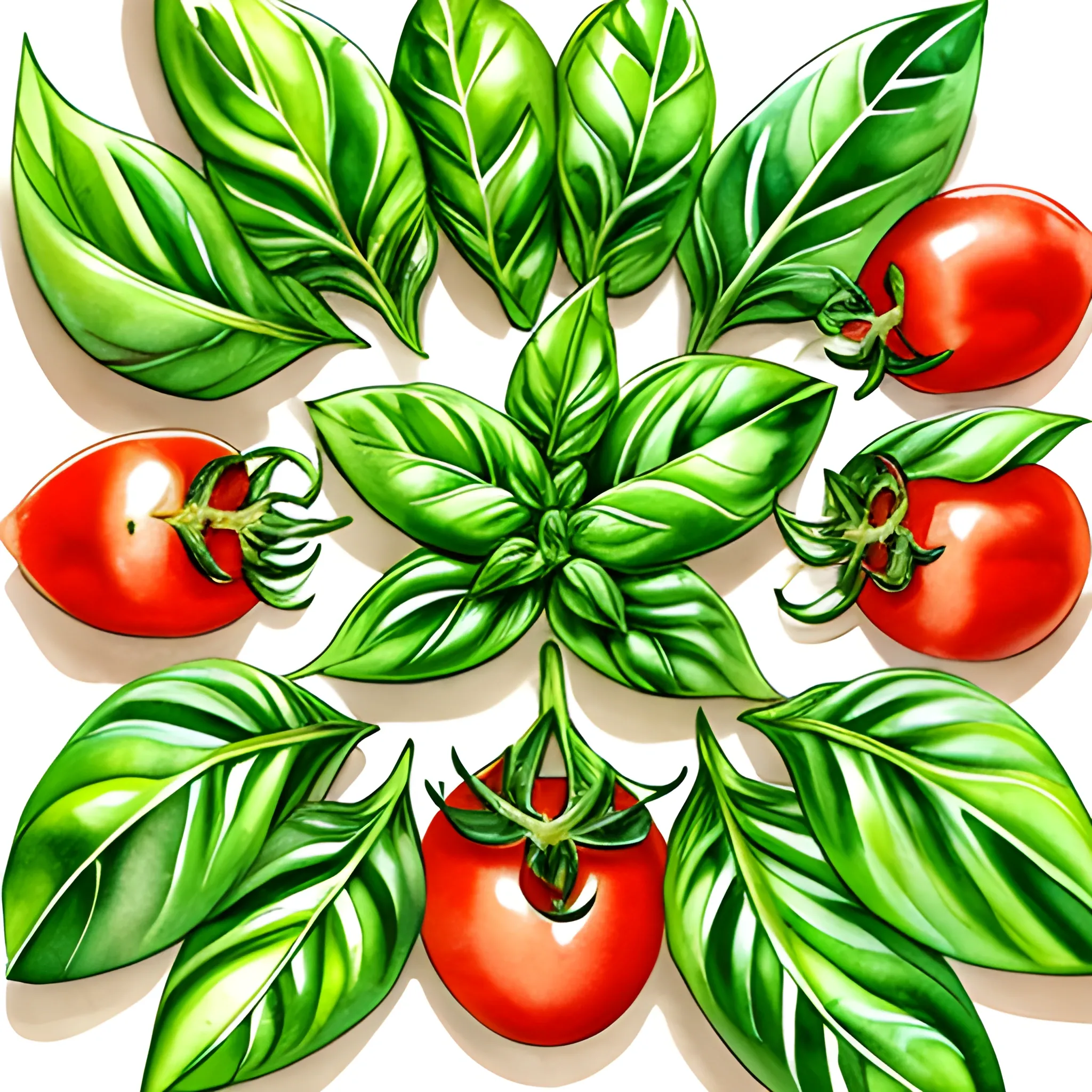 "Basil leaves sprouting from all sides, accompanied by cherry tomatoes and mozzarella. Watercolor style."