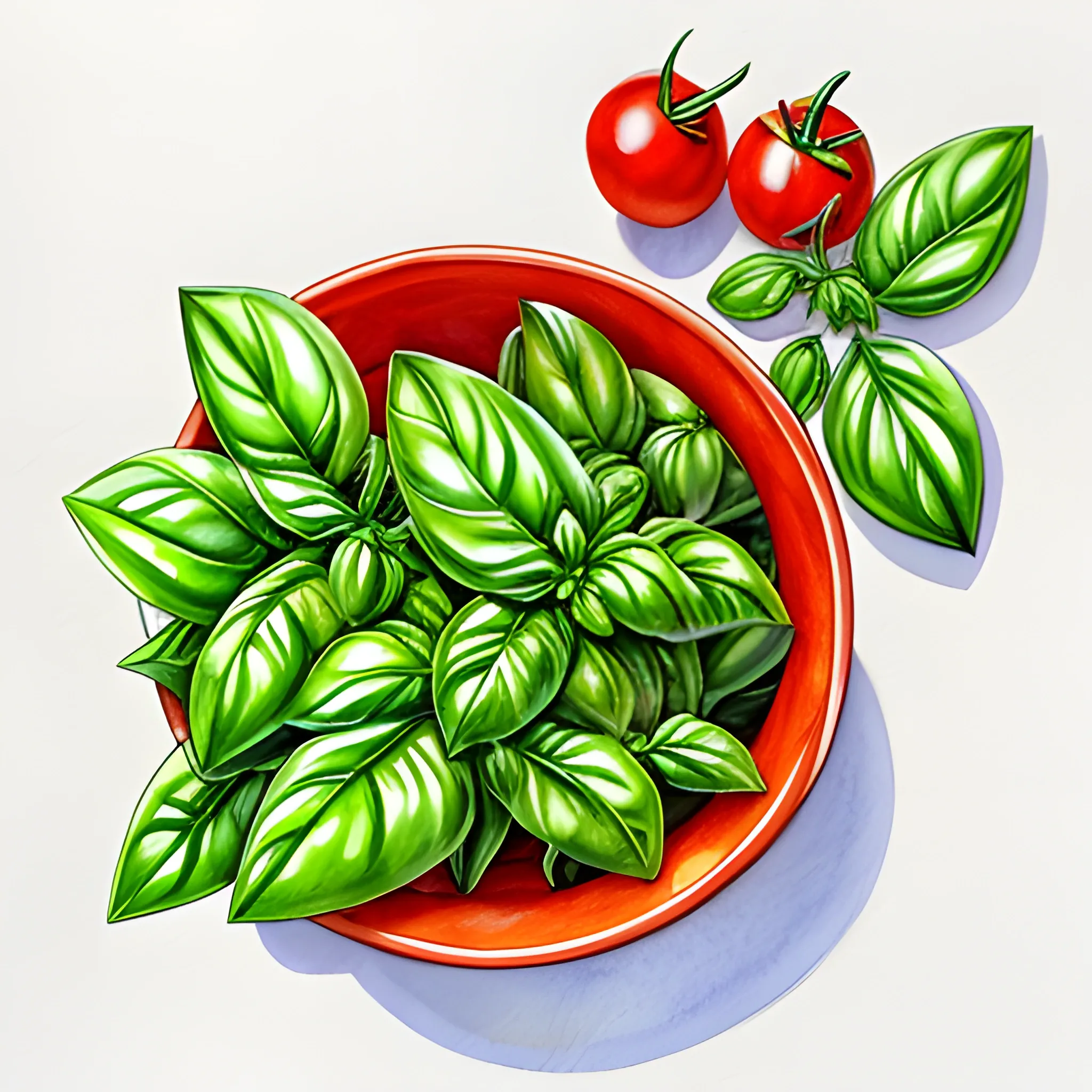 "Basil leaves sprouting from all sides, accompanied by cherry tomatoes and mozzarella. Watercolor pencil style."