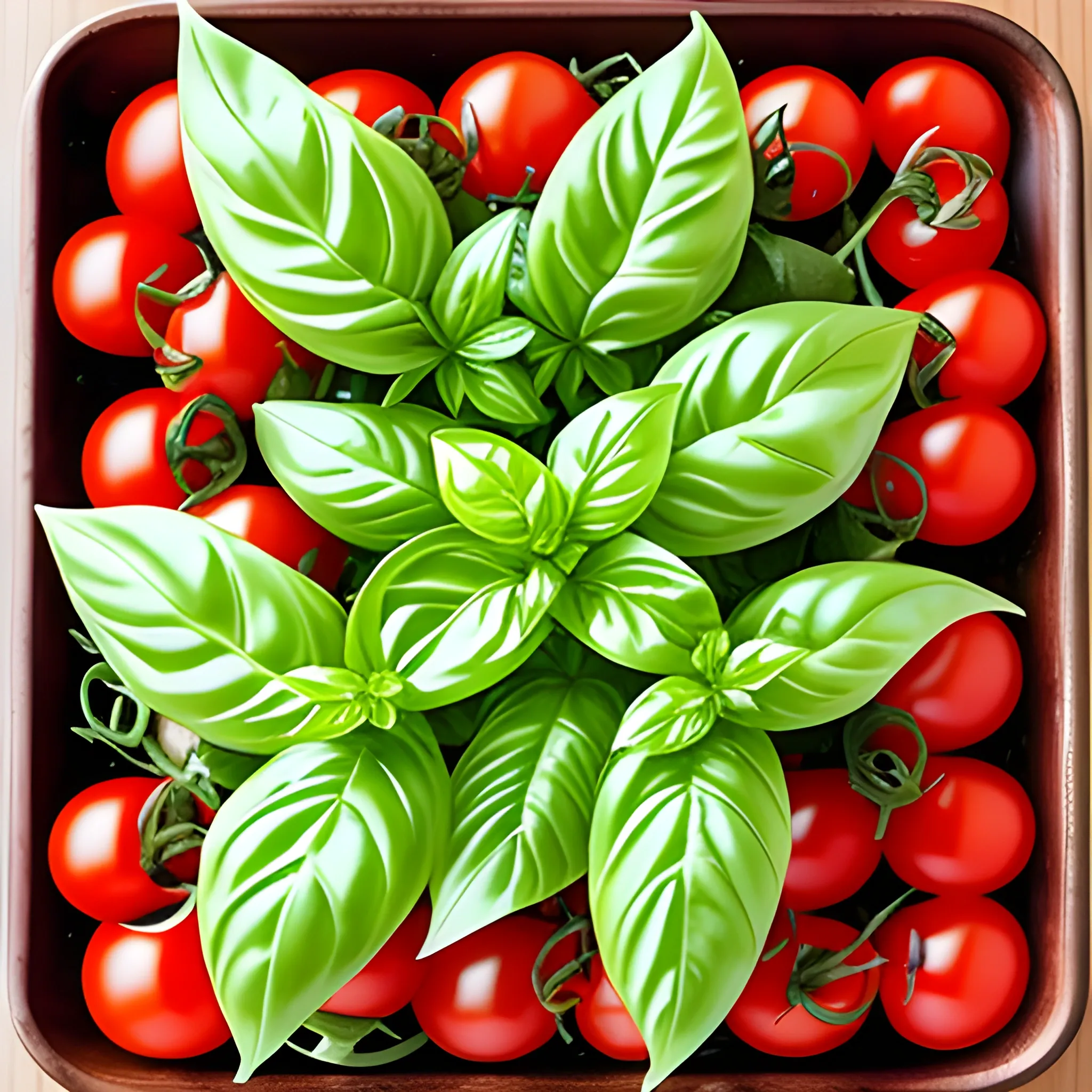 "Basil leaves sprouting from all sides, accompanied by cherry tomatoes and mozzarella. Manga style."