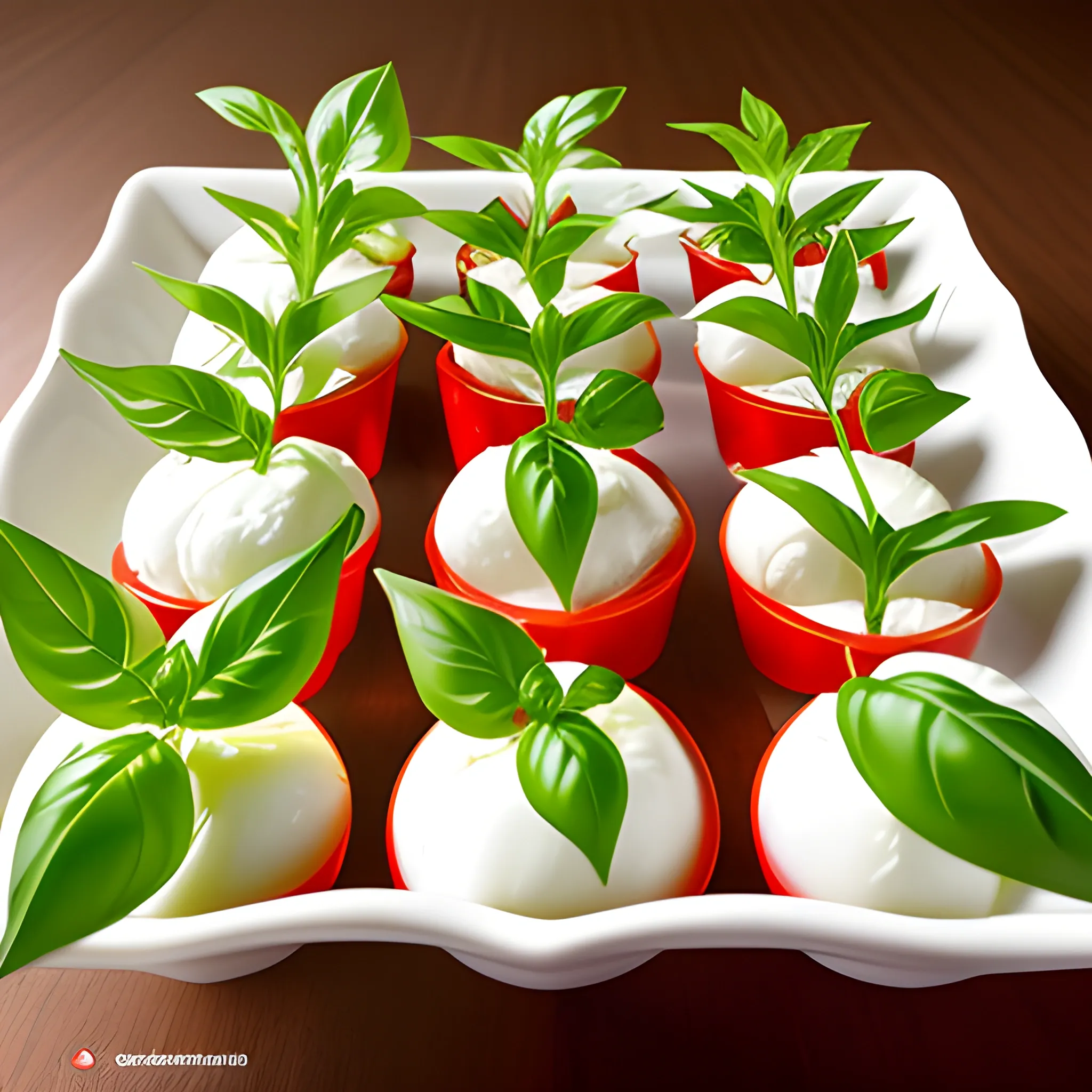 "Basil leaves sprouting from all sides, accompanied by cherry tomatoes and mozzarella. Manga style."