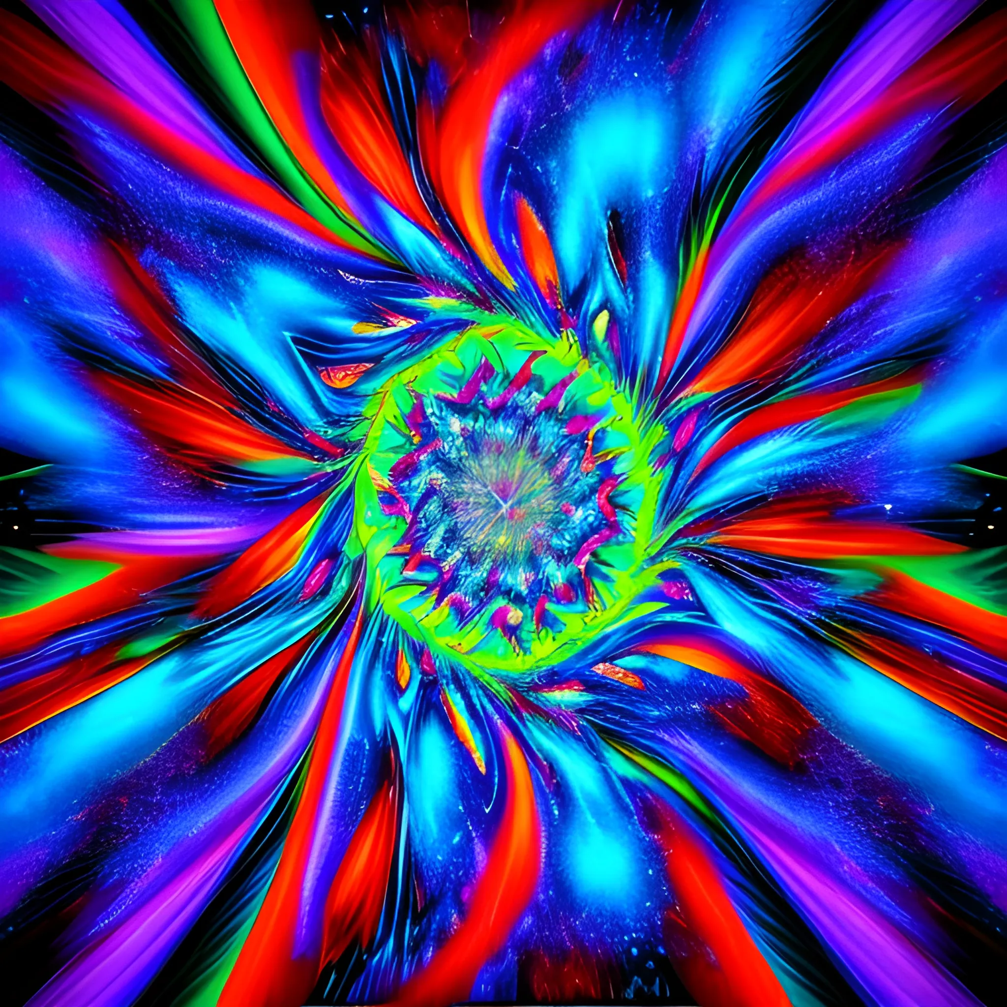 interior vision of a very colorful stroboscopic psychedelic tunnel spinning on itself filling the starry sky
