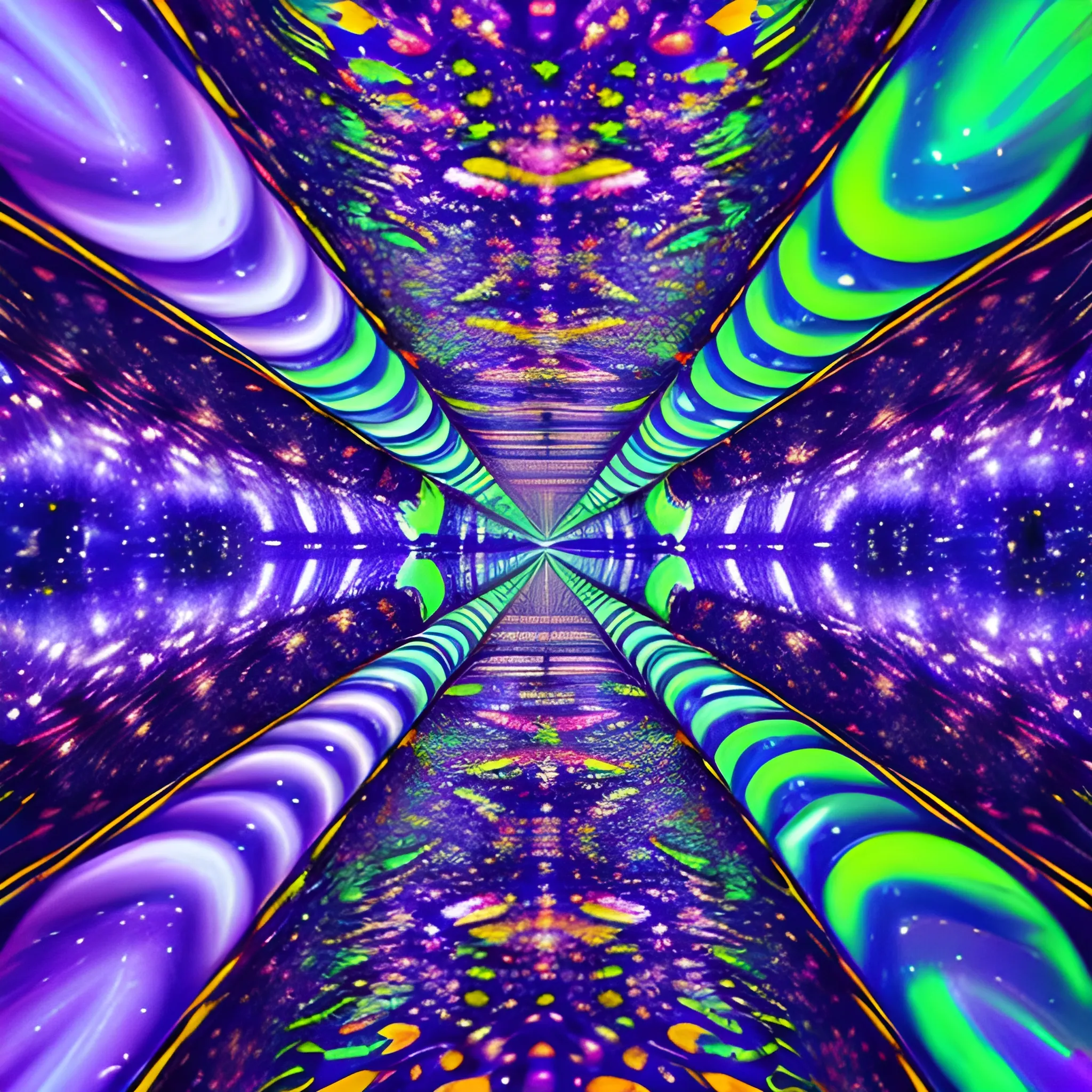 interior vision of a very colorful stroboscopic psychedelic tunnel spinning on itself filling the starry sky, Trippy
