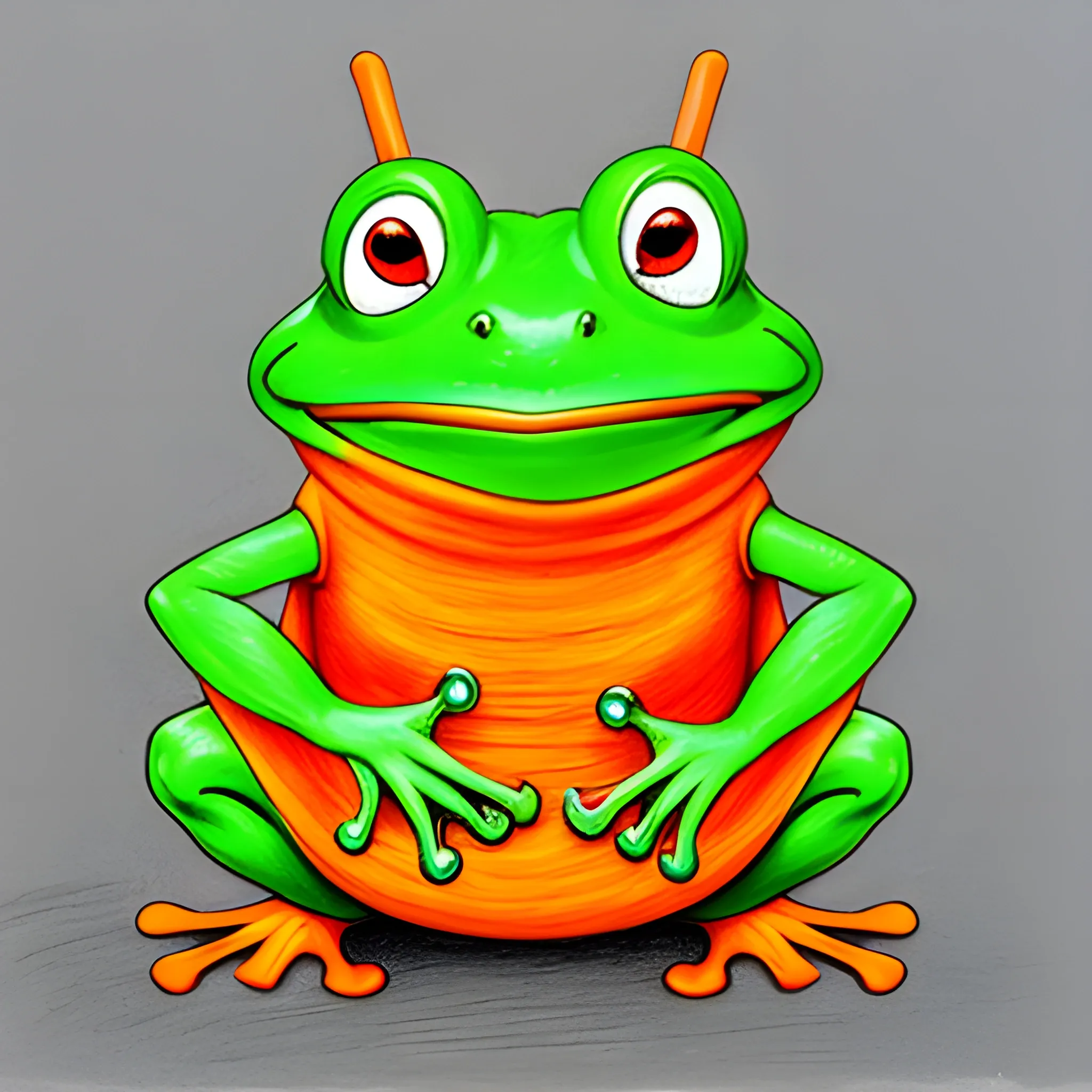 happy little frog with eyes full of wonder holds a carrot in a jumper, Cartoon, Pencil Sketch