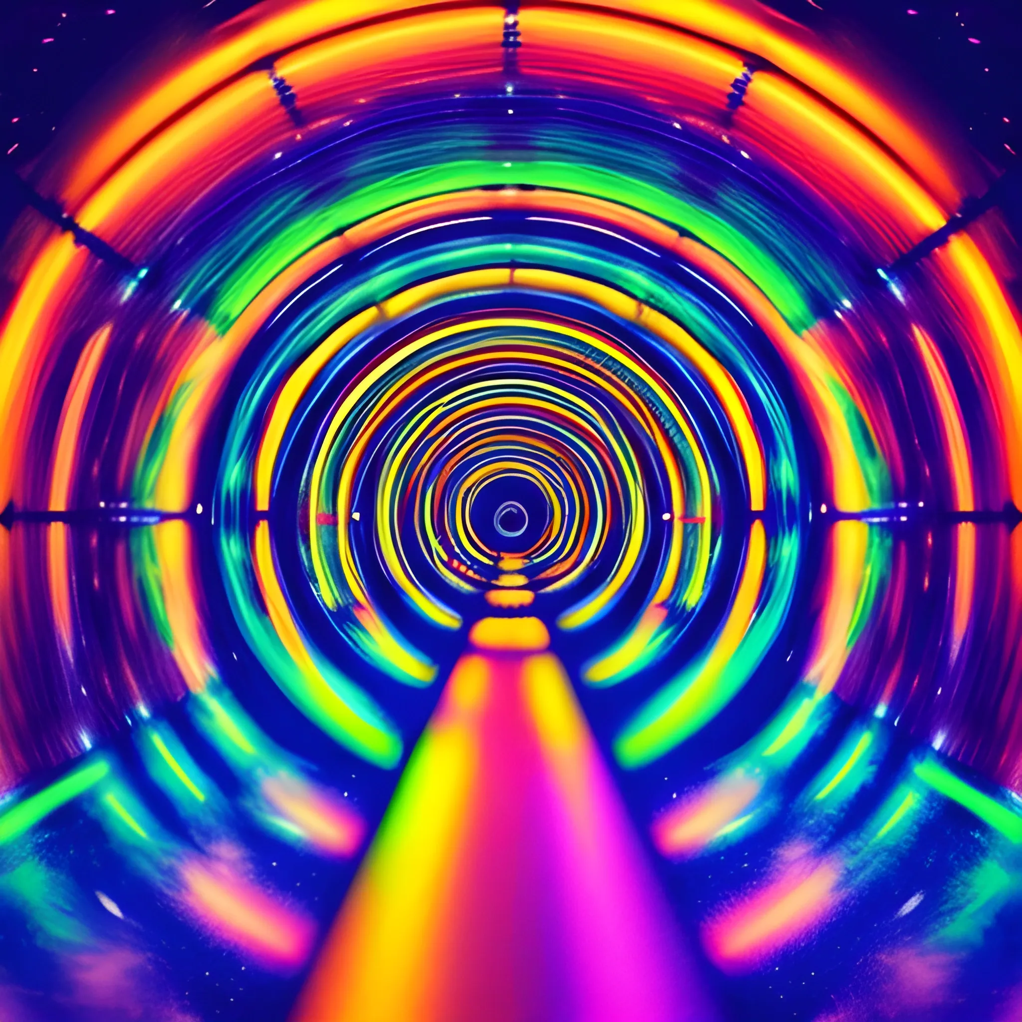 interior vision of a tunnel, very colorful psychedelic stroboscopic, spinning on itself shooting towards the starry sky in the background, Trippy