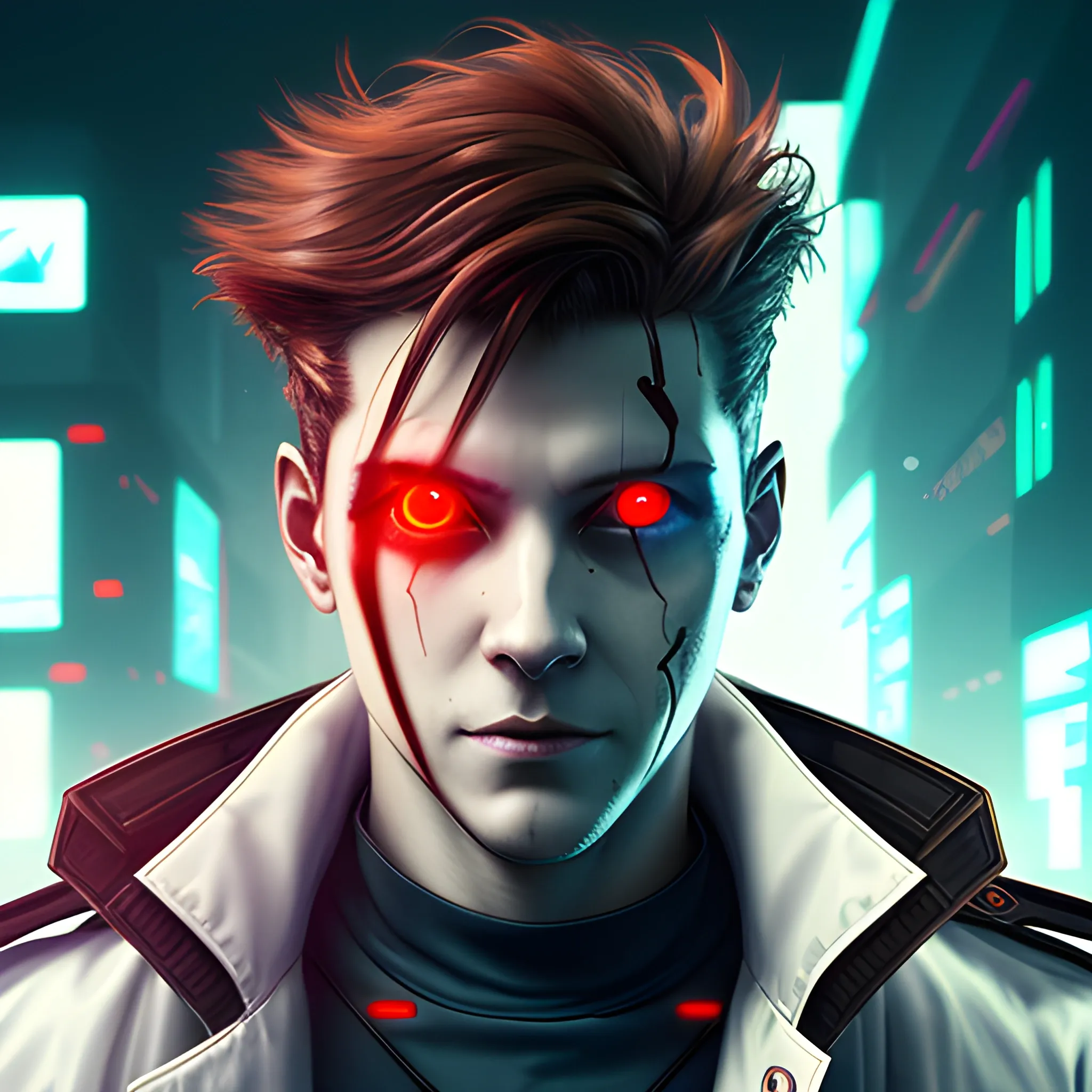 Cyberpunk White Male Trench coat Brown Hair Red Glowing Eyes
