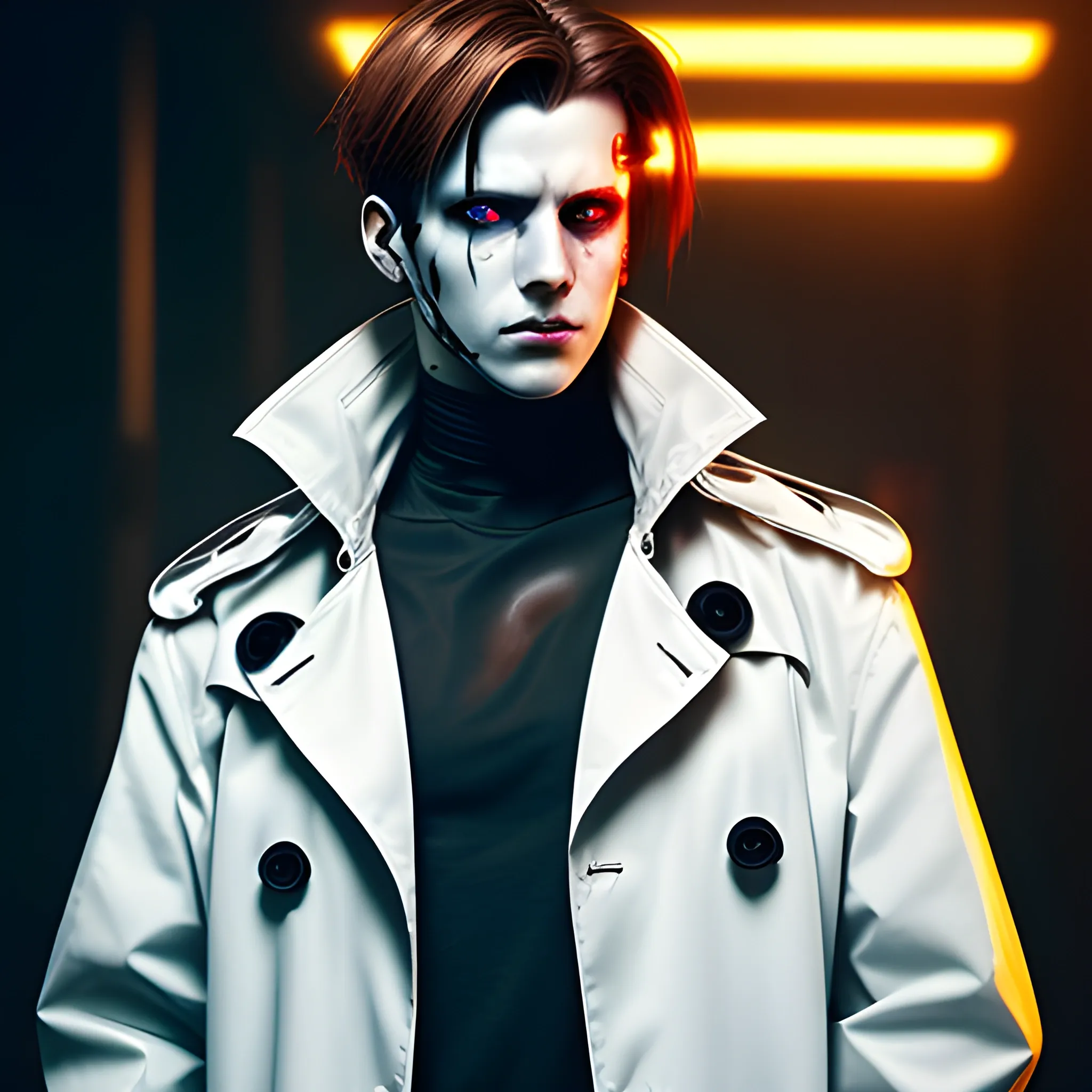 Cyberpunk White Male Trench coat Brown Hair Red Glowing Eyes
