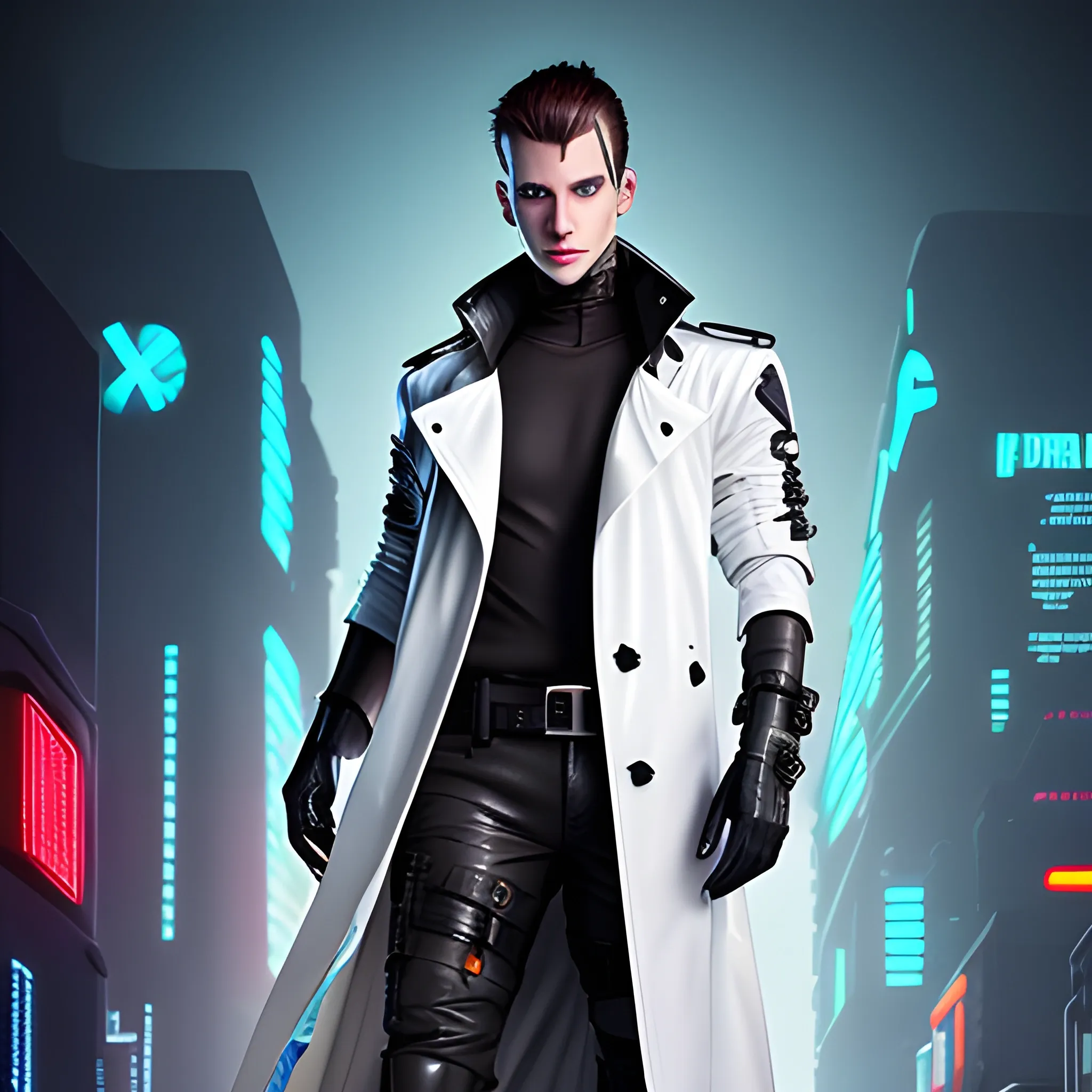 Cyberpunk White Male Black Leather Trench coat Brown Hair Blue Eyes Black half finger gloves
