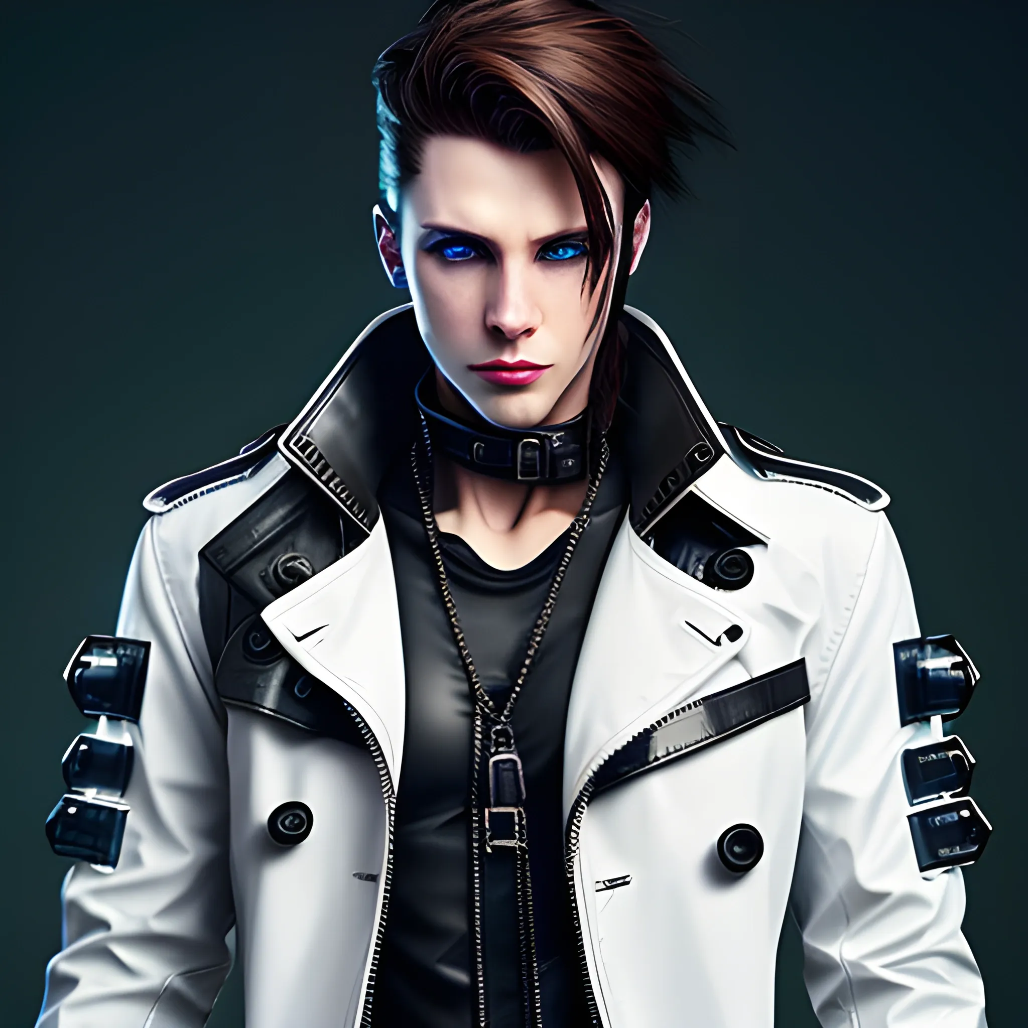 Cyberpunk White Male Black Leather Trench coat Brown Hair Blue Eyes Black Fingerless gloves Black shirt dog tags
