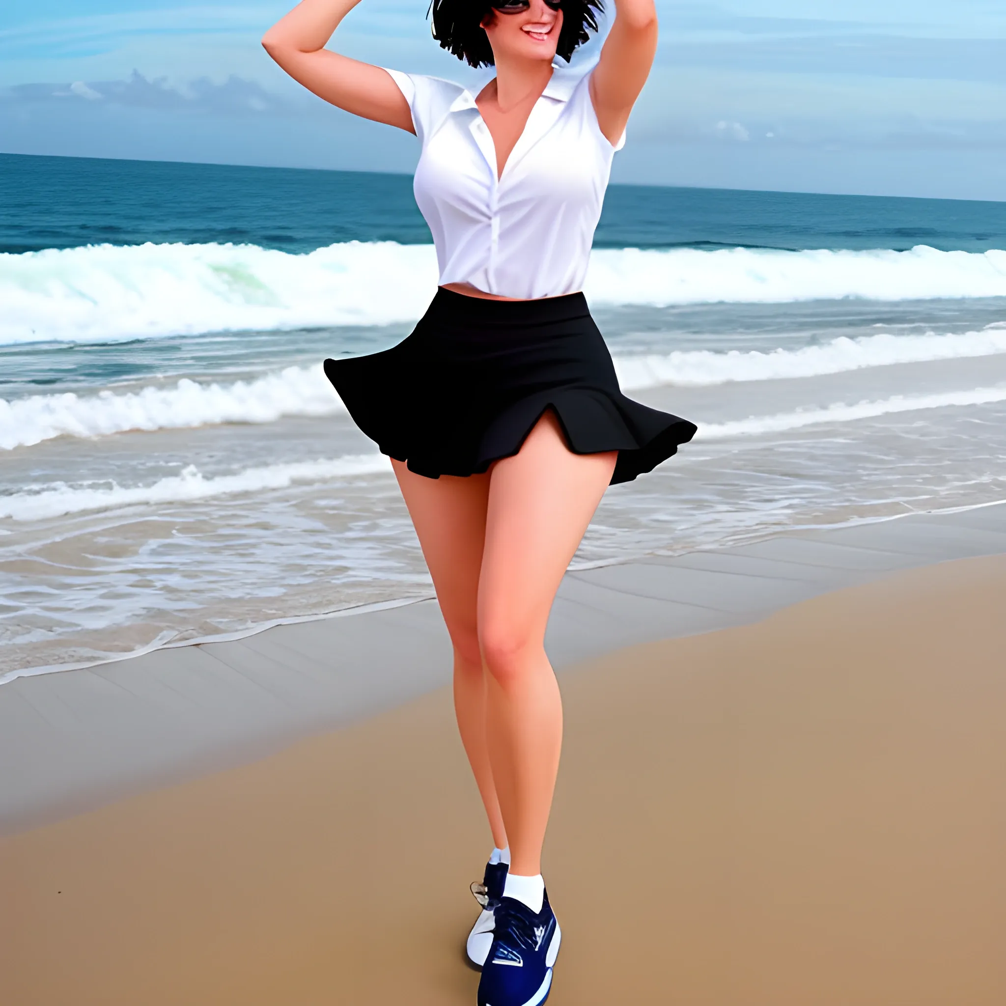 A female college student, with shoulder-length short hair, wearing a jk outfit, walking on the beach. Her hair is dark brown, matching her eyes. Her jk outfit is black and white, with a white shirt on top and a black skirt and stockings on the bottom. She is wearing a pair of white sneakers on her feet, contrasting with the white shells on the beach. Behind her is a blue ocean, with waves gently hitting the shore. In front of her is a golden beach, with some starfish and shells scattered on the sand., 