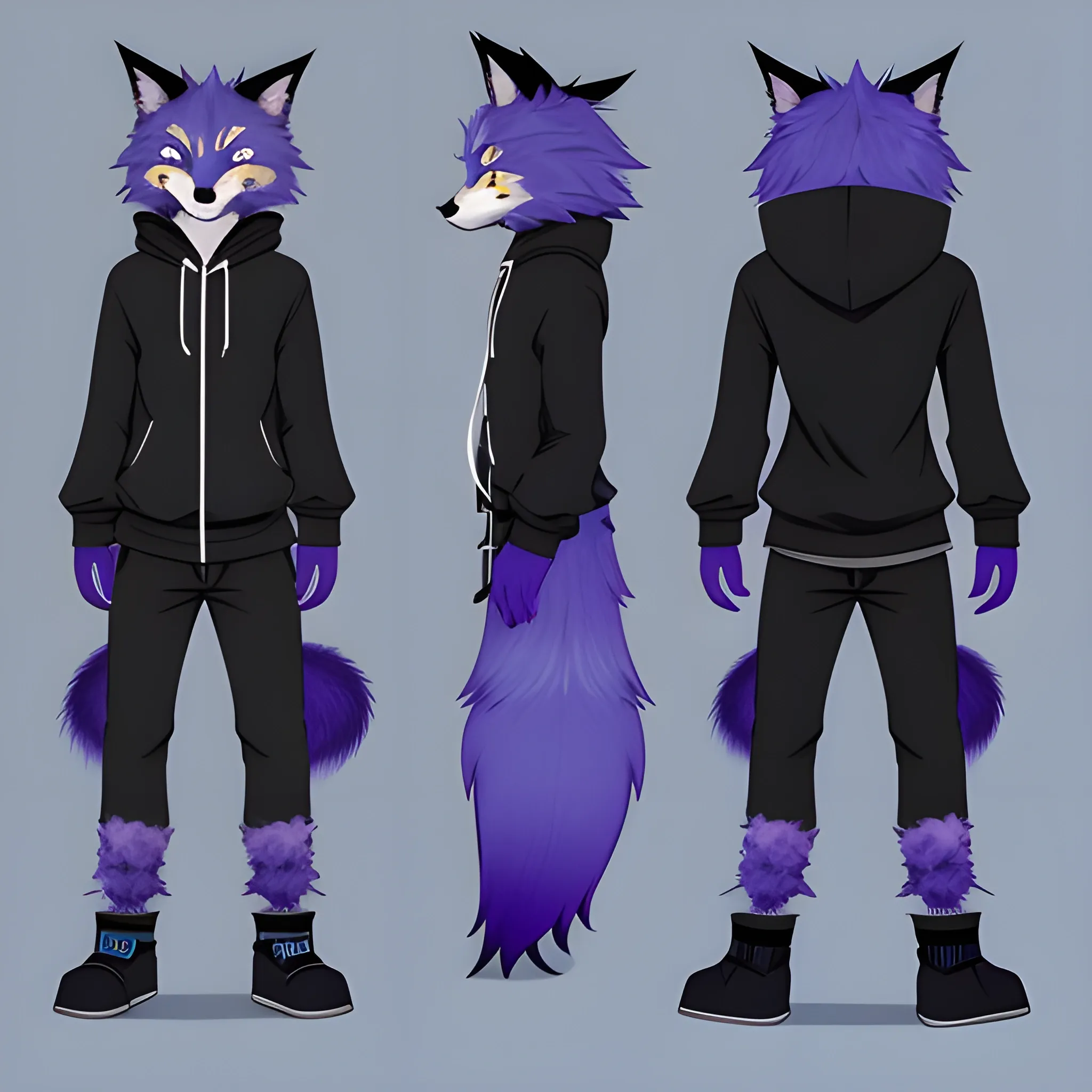 create a furry reference sheet , discription is "His names is xui and he’s a black 10 tailed kitsune with blue markings around his face and the tips of his tails, he’d normally wear gray sweats and a royal blue hoodie with black gloves he’d also have neck length hair that’s purple, he has blue eyes along, his claws are black"