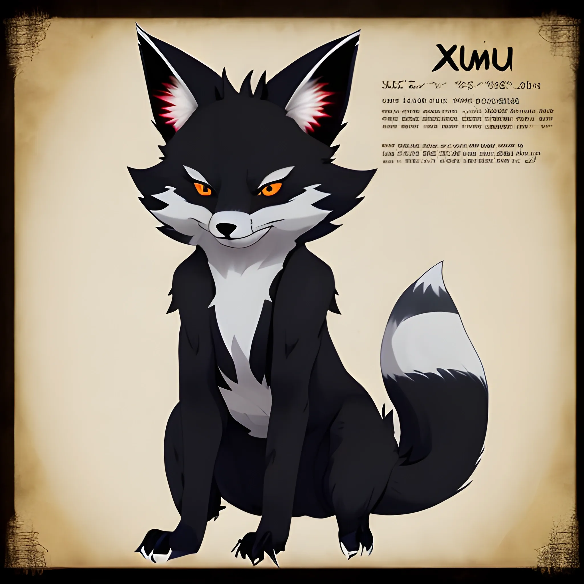 create a furry reference sheet , discription is "His names is xui and he’s a black 10 tailed kitsune with blue markings around his face