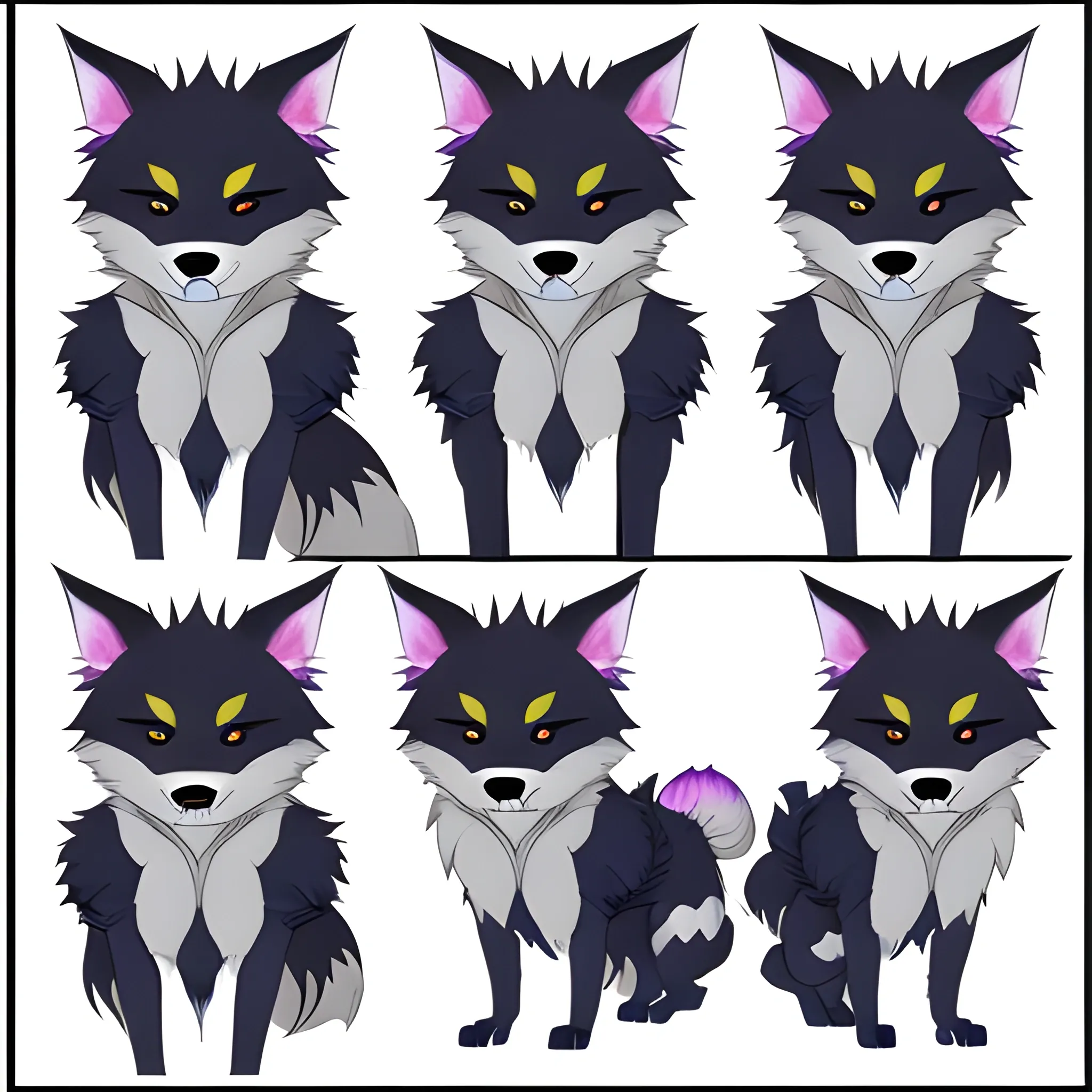 create a furry reference sheet , discription is "His names is xui and he’s a black ten tailed kitsune with blue markings around his face