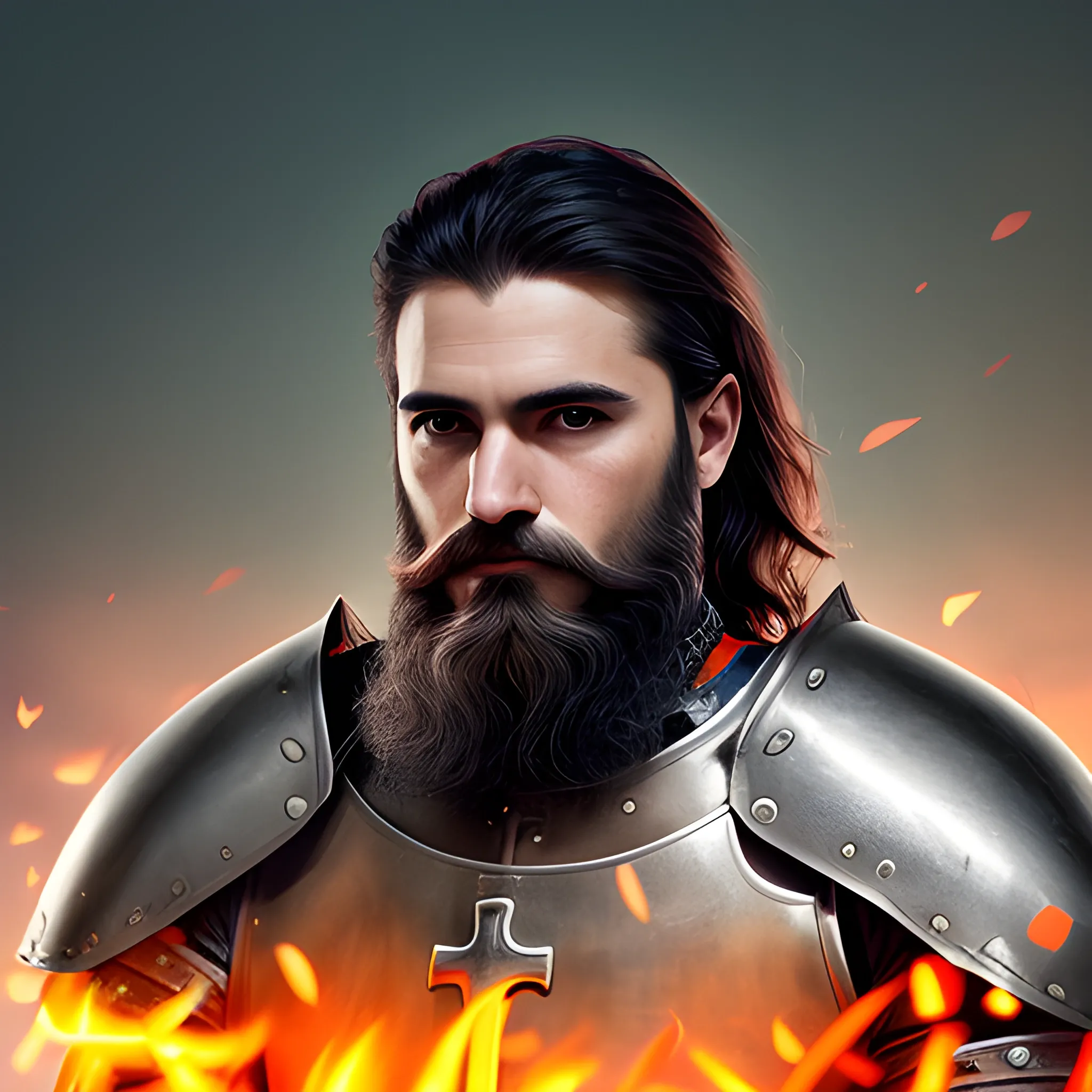 , Colorful , Knight , Holy-Knight, No-helmet-on, Medieval, Male, Serious, Short-hair, Cross, background-field, Black-hair,black-beard