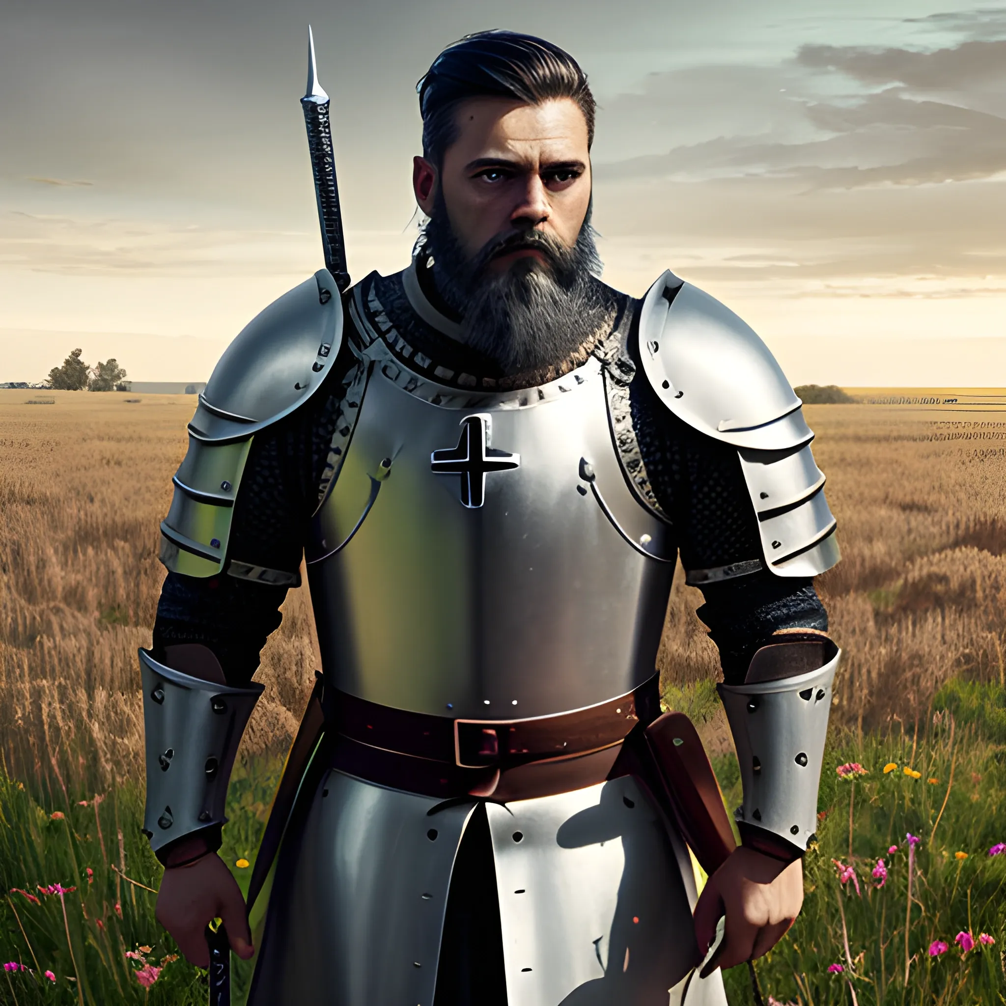 , Colorful , Knight , Holy-Knight, No-helmet-on, Medieval, Male, Serious, Short-hair, Cross, background-field, Black-hair,black-beard, Cartoon, battlefield, field