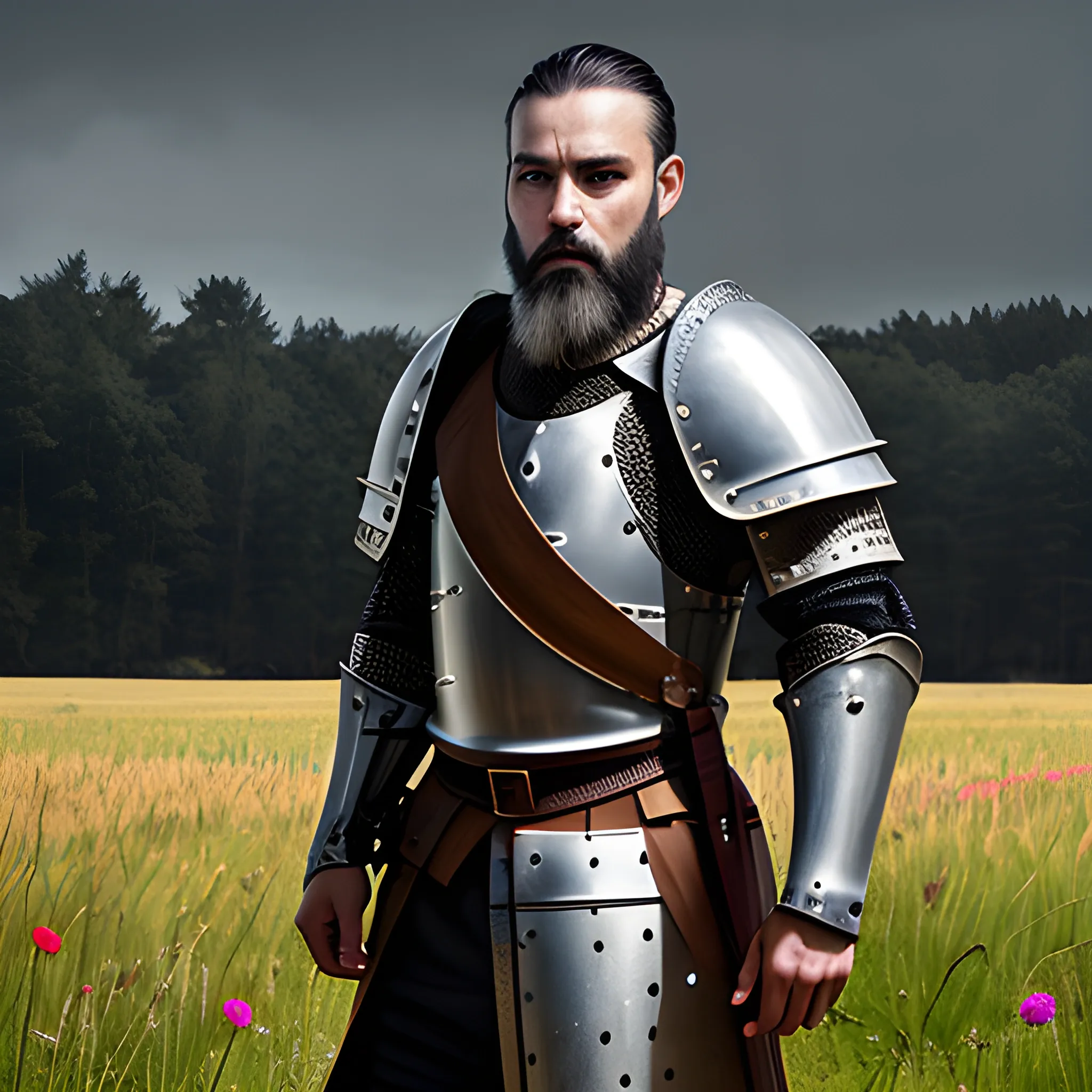 , Colorful , Knight , Holy-Knight, No-helmet-on, Medieval, Male, Serious, Short-hair, Cross, background-field, Black-hair,black-beard, Cartoon, battlefield, field