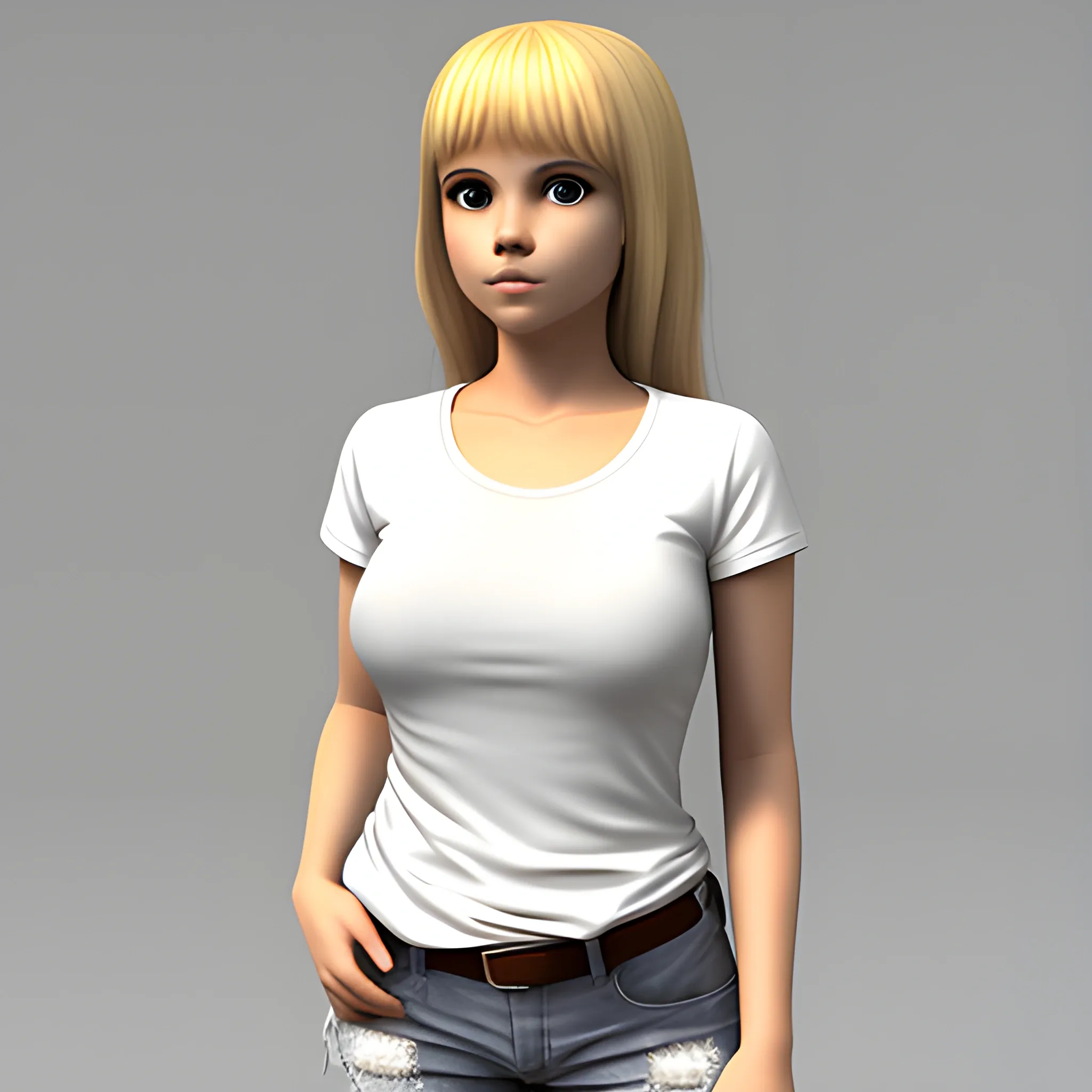 Una chica rubia con camisa blanca, 3D