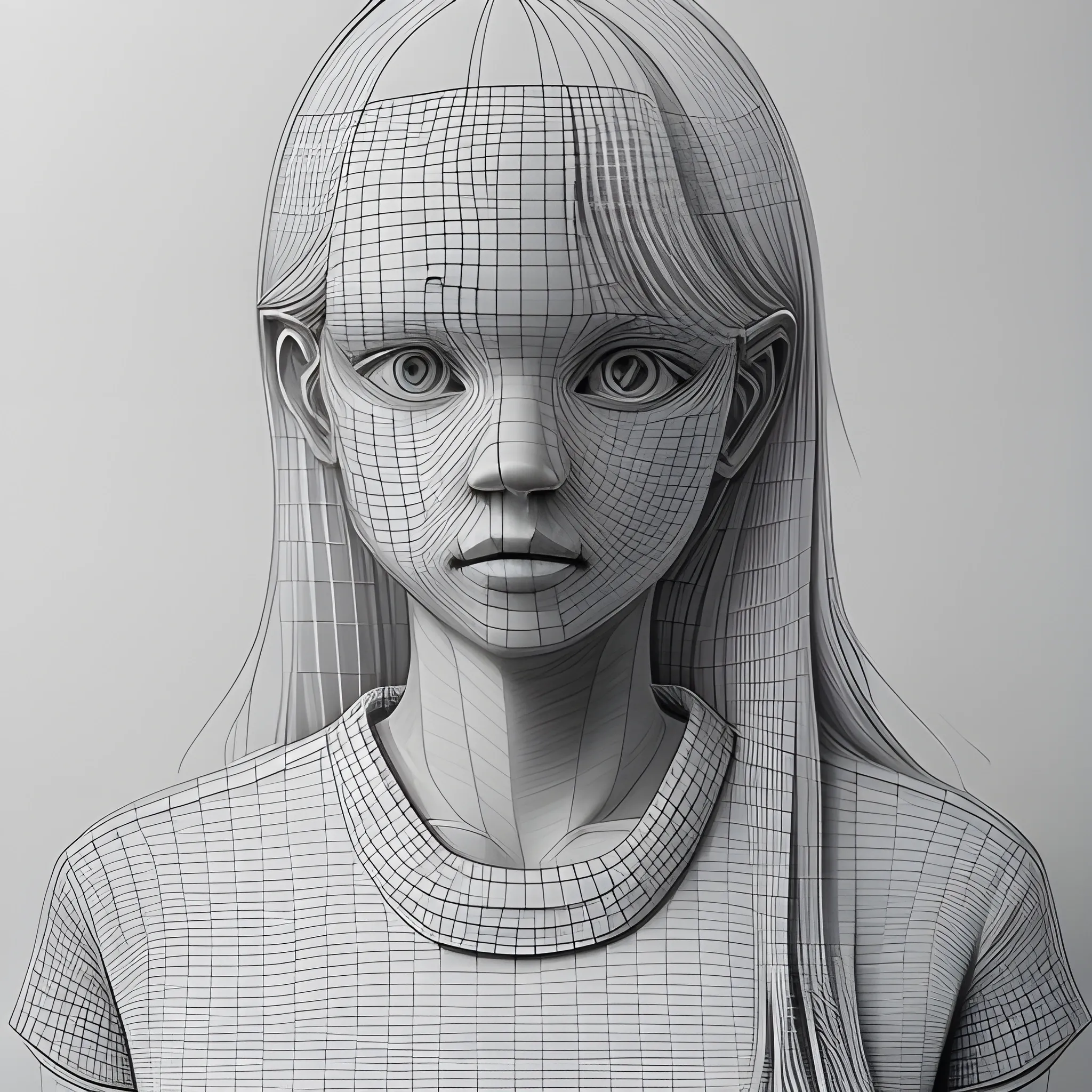 Una chica rubia con camisa blanca, 3D, Trippy, Pencil Sketch