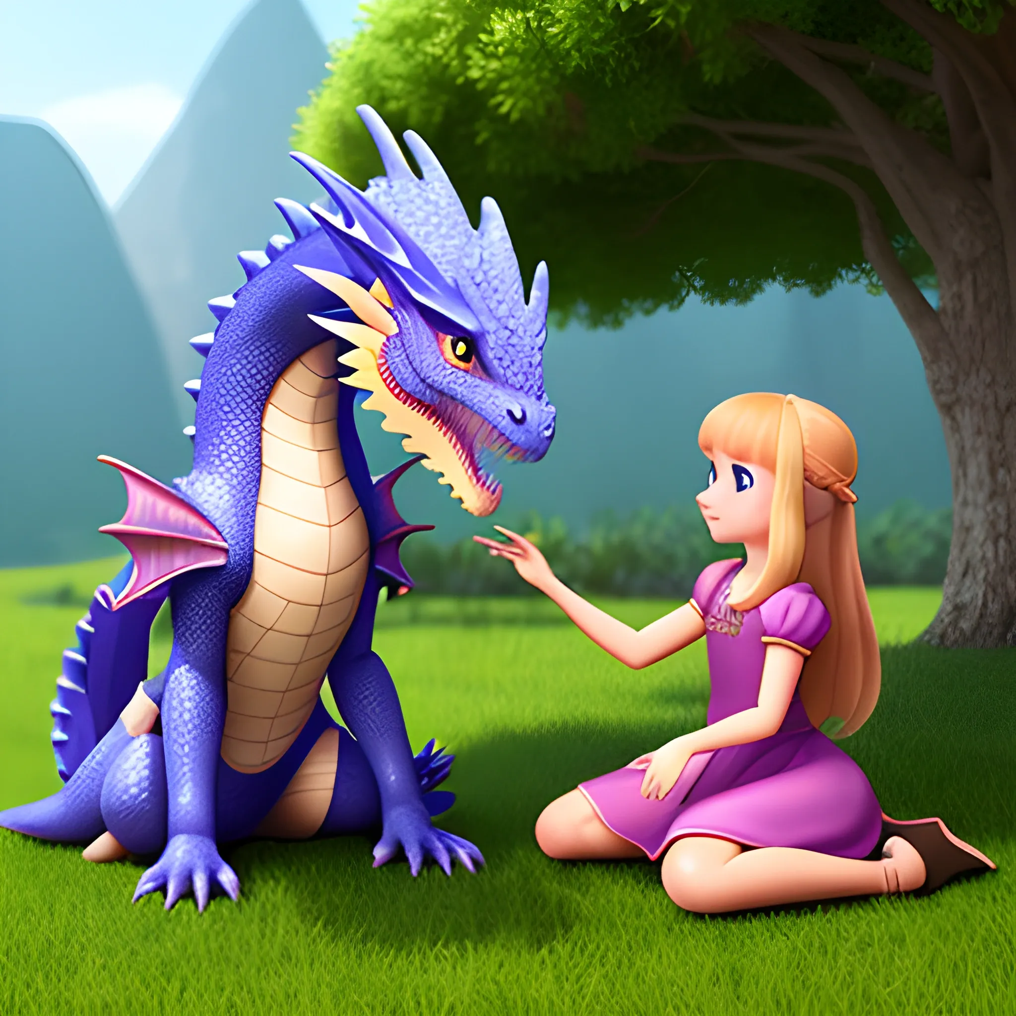 Princess petting her pet dragon, 3D