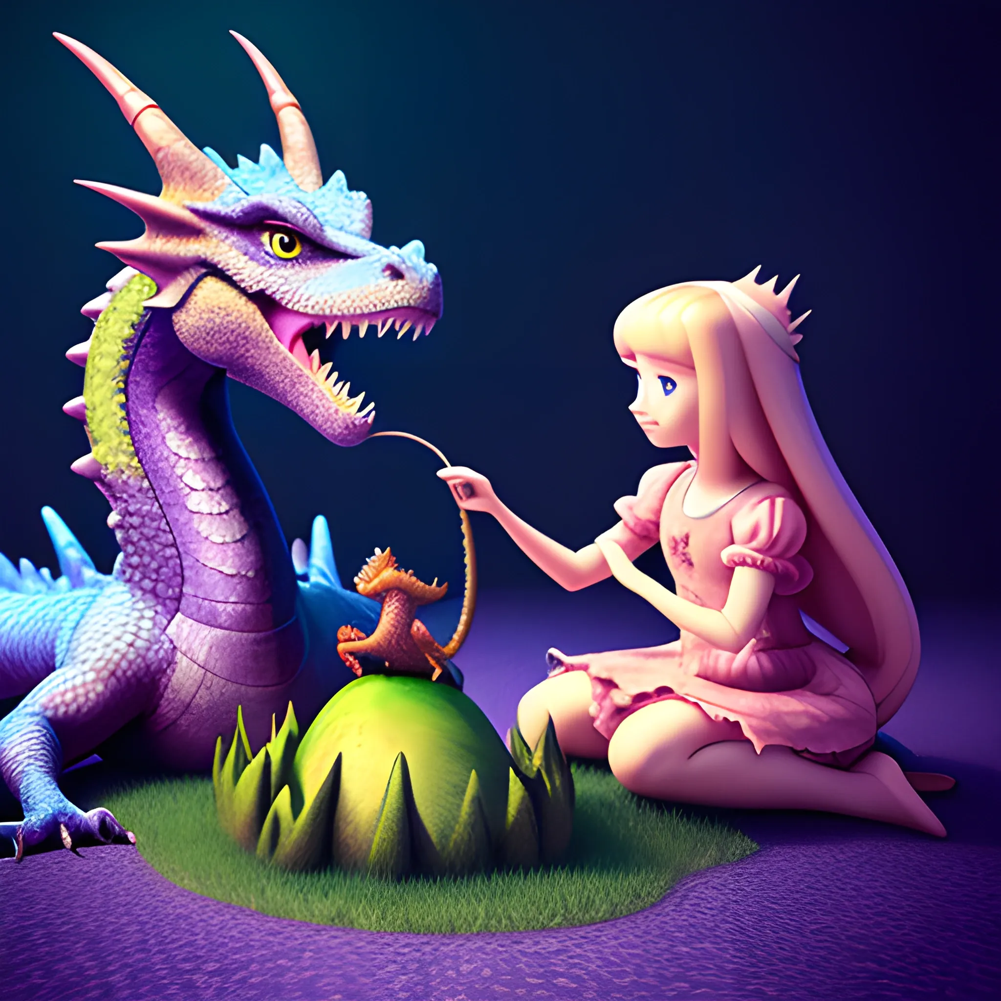 Princess petting her pet dragon, 3D, 3D, Trippy