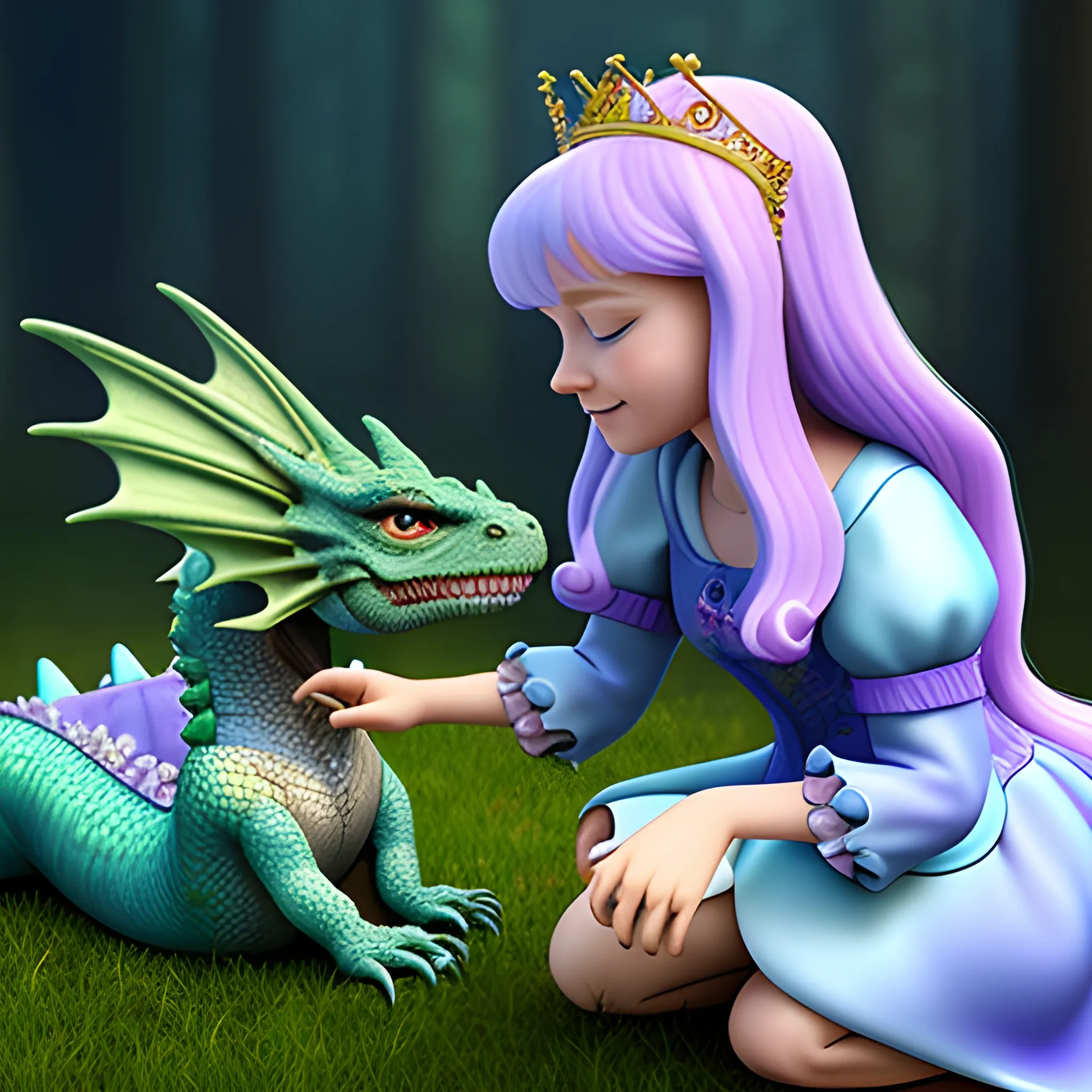 Realistic Princess petting her pet dragon, 3D, 3D, Trippy