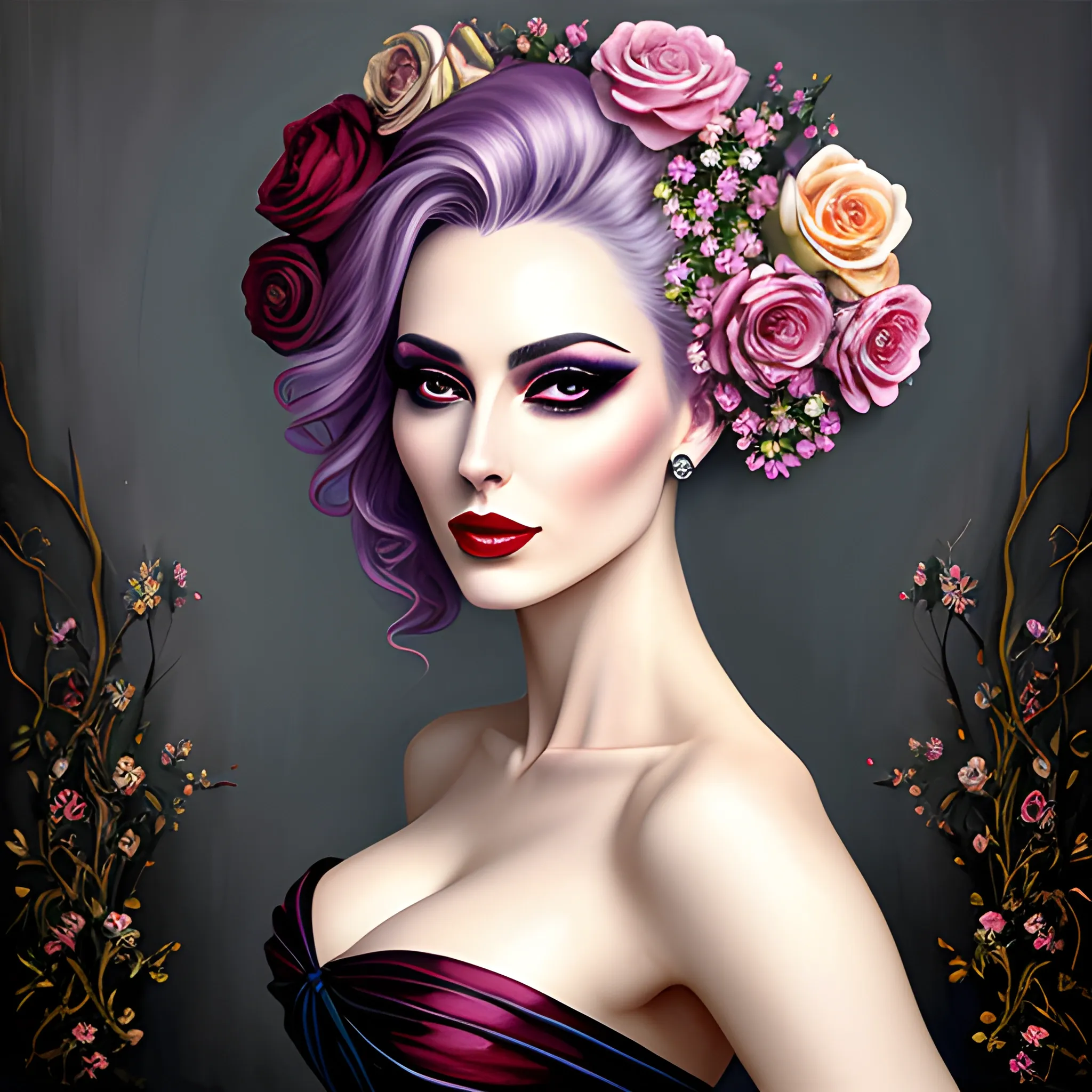 Portrait of a beautiful girl in bloom, mysterious and elegant floral punk fashion, Oil Painting