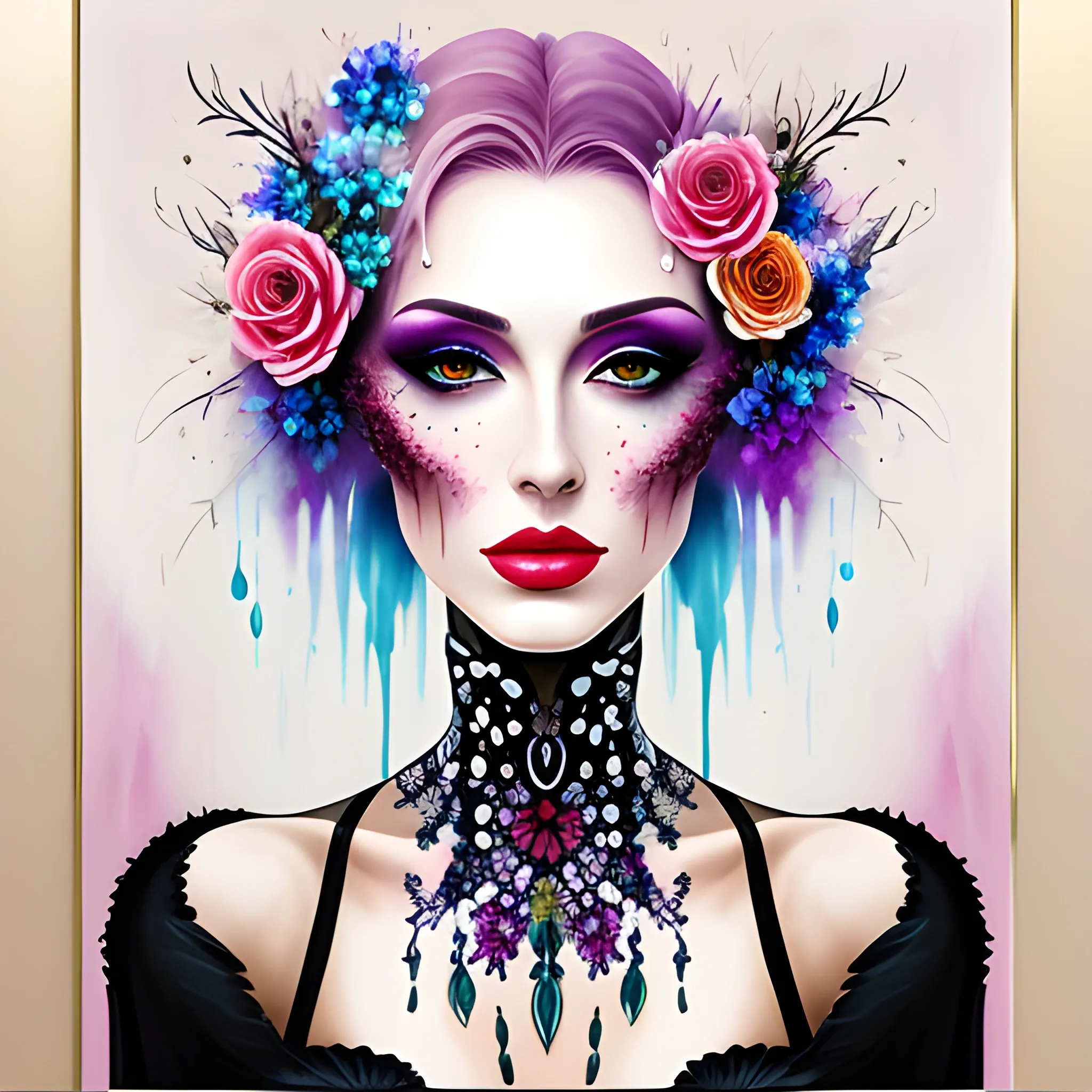 Portrait of a beautiful girl in bloom, mysterious and elegant floral punk fashion, Oil Painting, Water Color, Trippy