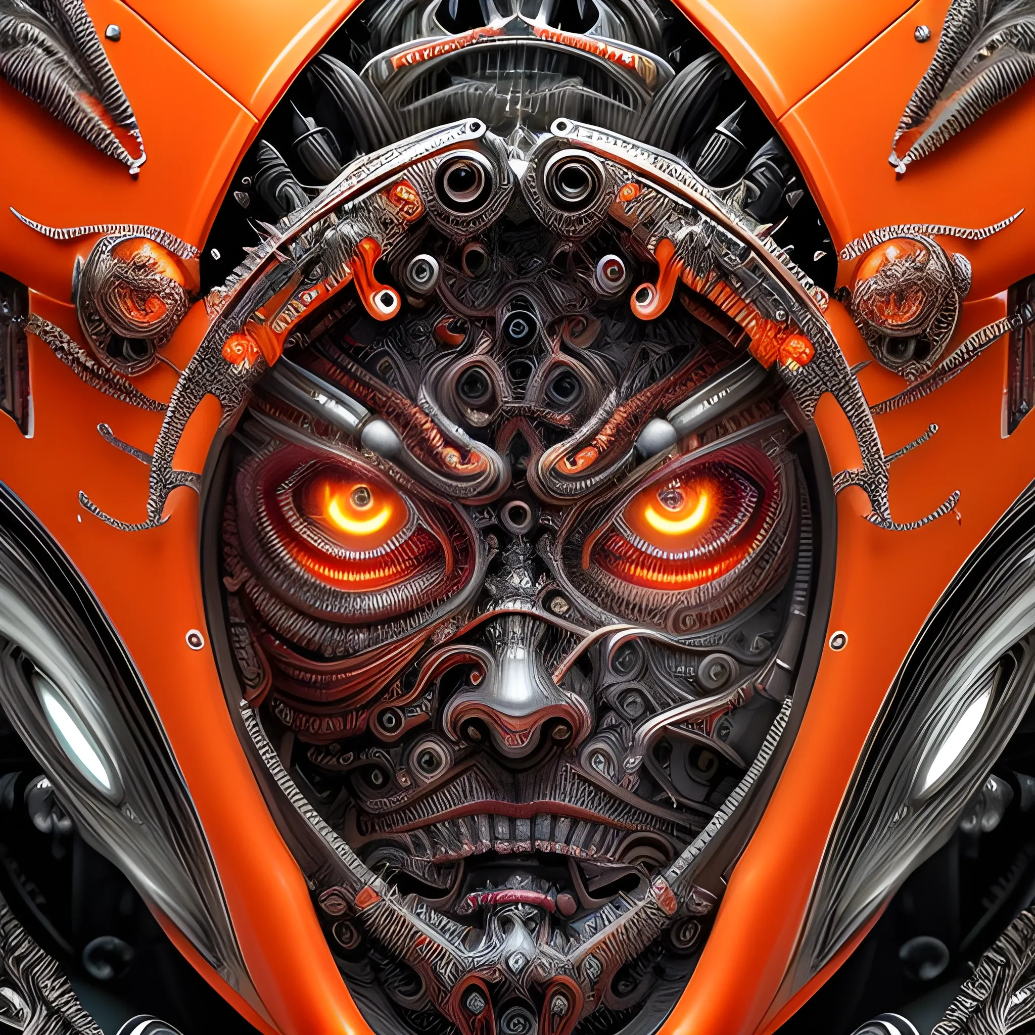 a close up symmetrical portrait of a cyberpunk gangster, biomechanical, mshn robot, splashes of orange red, hyper realistic, intricate design, (insanely detailed:1.4), (extremely fine details:1.35), Extremely sharp lines, steel, cinematic lighting, Photorealistic, a detailed painting by Ayami Kojima and Lilia Alvarado, (best quality, high quality, absurdres, intricate detail, masterpiece, cinematic), highly detailed, motion blur, film grain, noise, lens effects,