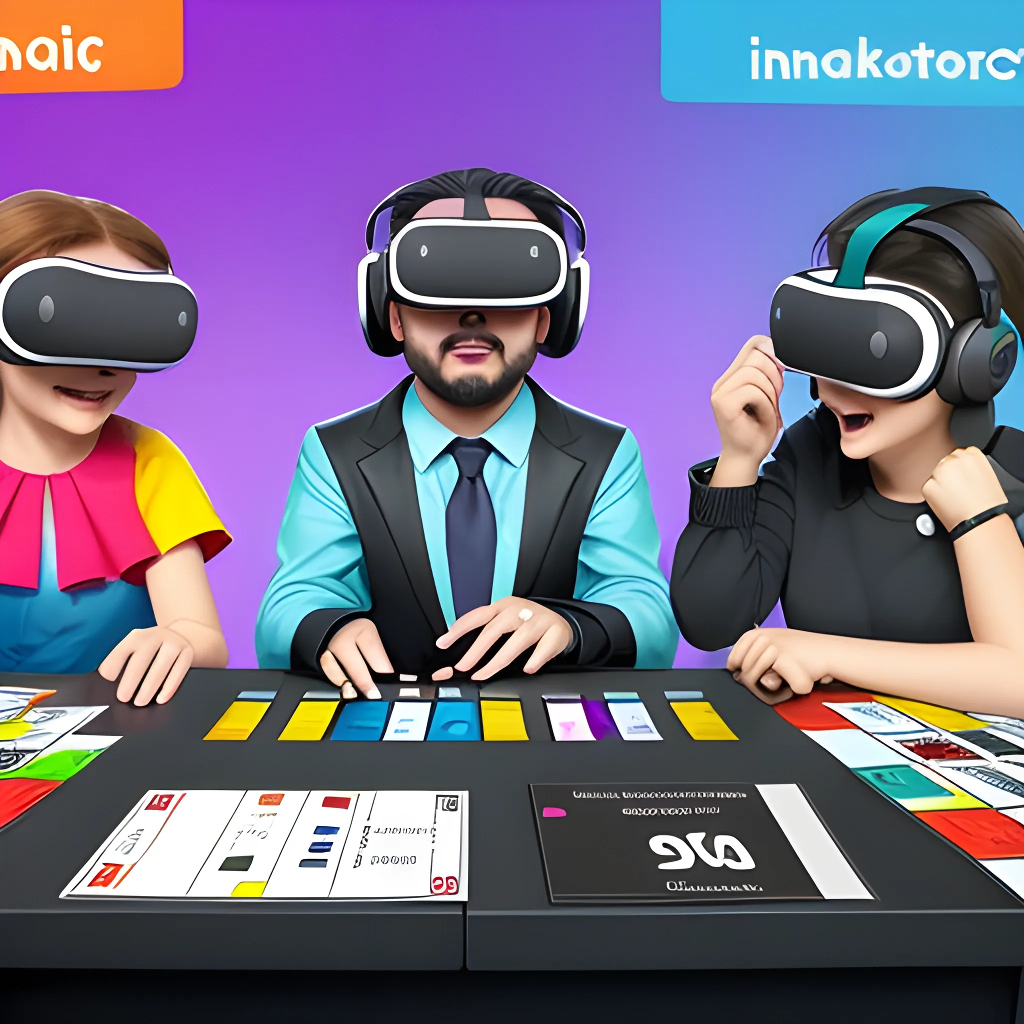 imagen conceptual de contenidos lúdicos para una página web de edutainment. Debe incluir un joystick, dados, cartas, un casco de realidad virtual, una tablet, una notebook, una consola, un tablero de Monopoly y fichas meeples
