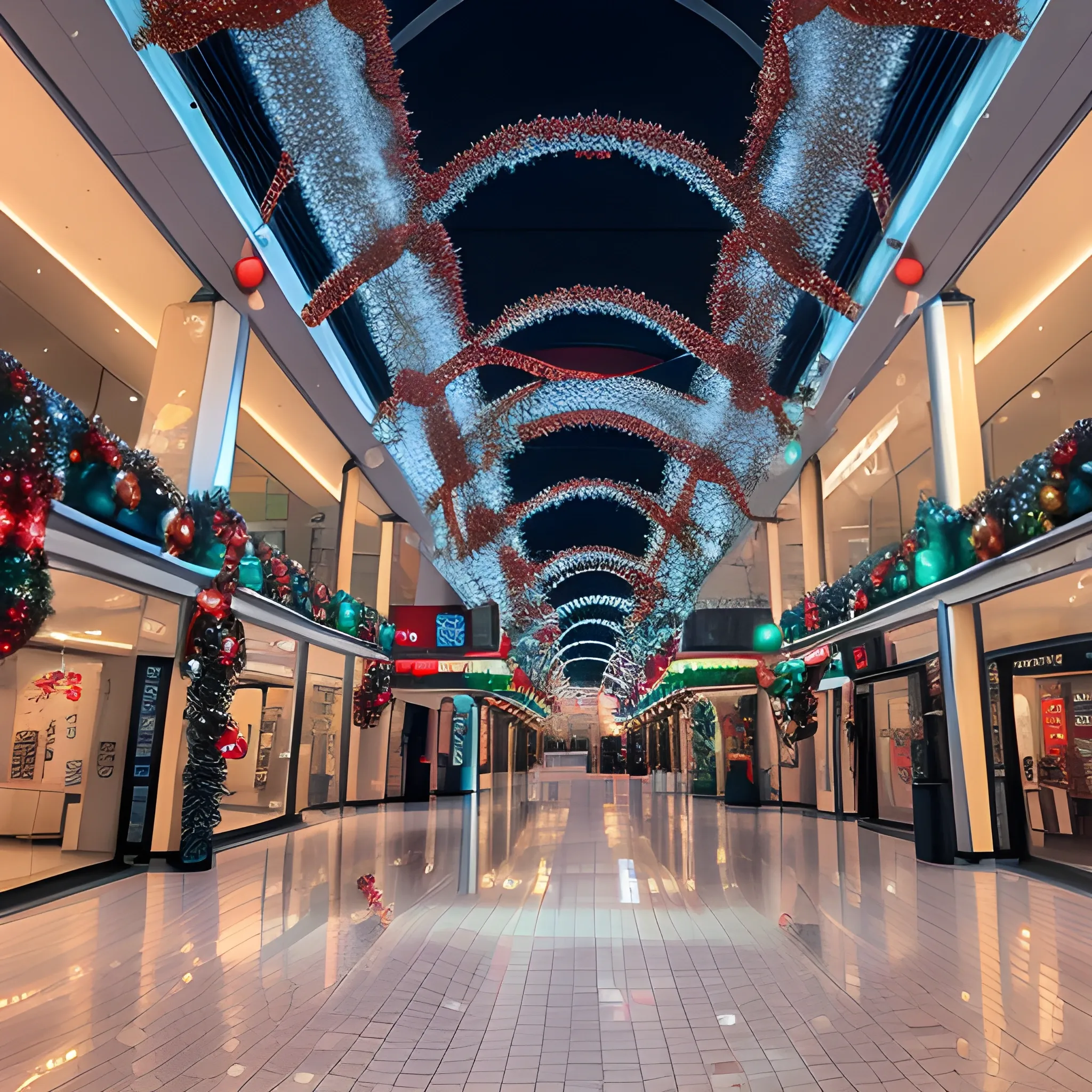 Liminal space mall with christmas decorations