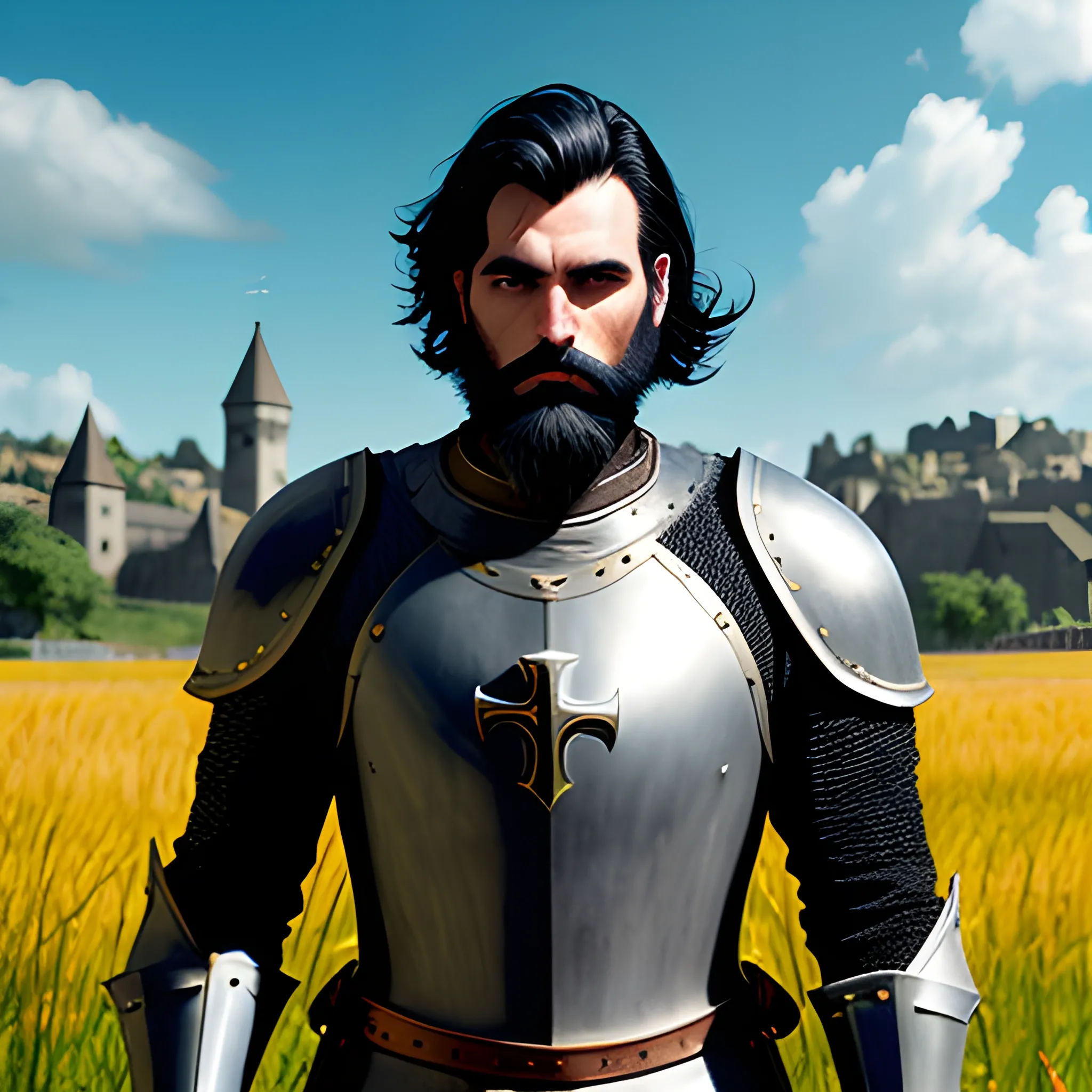 , Colorful , Knight , Holy-Knight, No-helmet-on, Medieval, Male, Angsty-teen, Short-hair, Cross, background-field, Black-hair,black-beard, Cartoon, battlefield, field