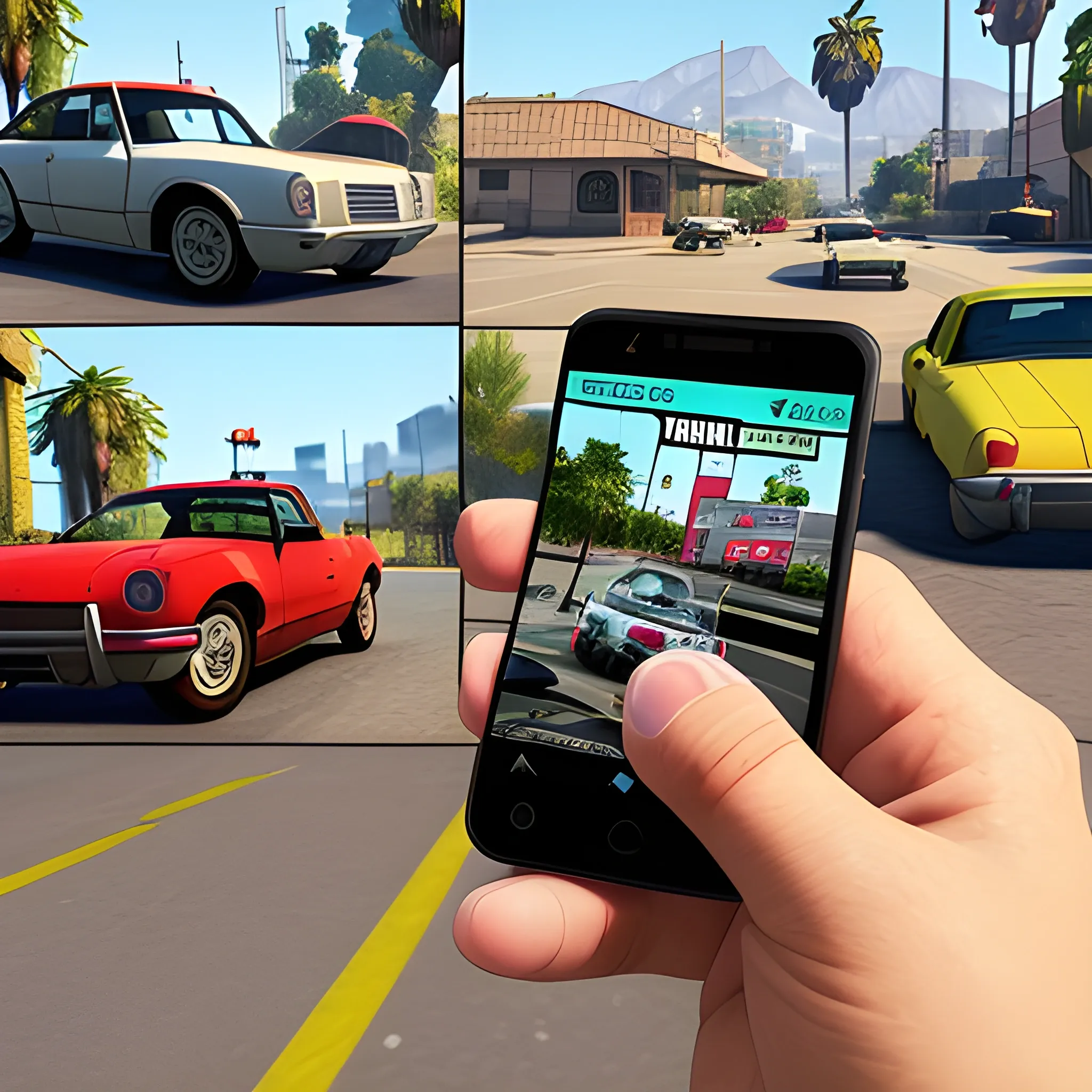 Create a visually appealing ad for the sale of mobile phones inspired by Grand Theft Auto V. Highlight multiple models of phones (such as XYZ2000, ABC3000), showcase the key features of the phones (like sleek designs, high-resolution cameras, long battery life), and include any special promotions or discounts if applicable (e.g., 20% off for a limited time). Additionally, incorporate the seller's contact information, such as the website, phone number, or store address, using the iconic style of Grand Theft Auto V as inspiration.