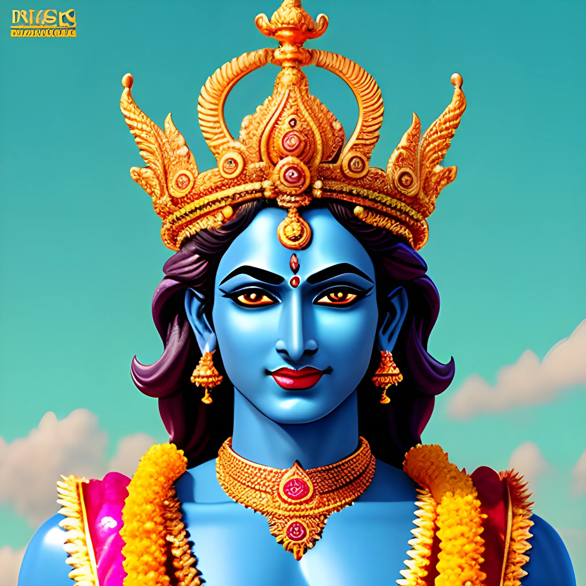 Generate an 8K image of Lord Vishnu, the Hindu deity, portrayed as a toddler-like and cute figure. Depict Lord Krishna as a king adorned with majestic jewelry. Ensure that Lord Krishna's facial features reflect a playful and endearing expression. The image should radiate warmth, kindness, and divinity. Please pay attention to the intricate details of the jewelry, including crowns, necklaces, bracelets, and earrings, and realistic, body, hole body blue, making them look regal and captivating. The final result should be a high-resolution, adorable image of Lord Visnu, reminiscent of his divine presence., Trippy