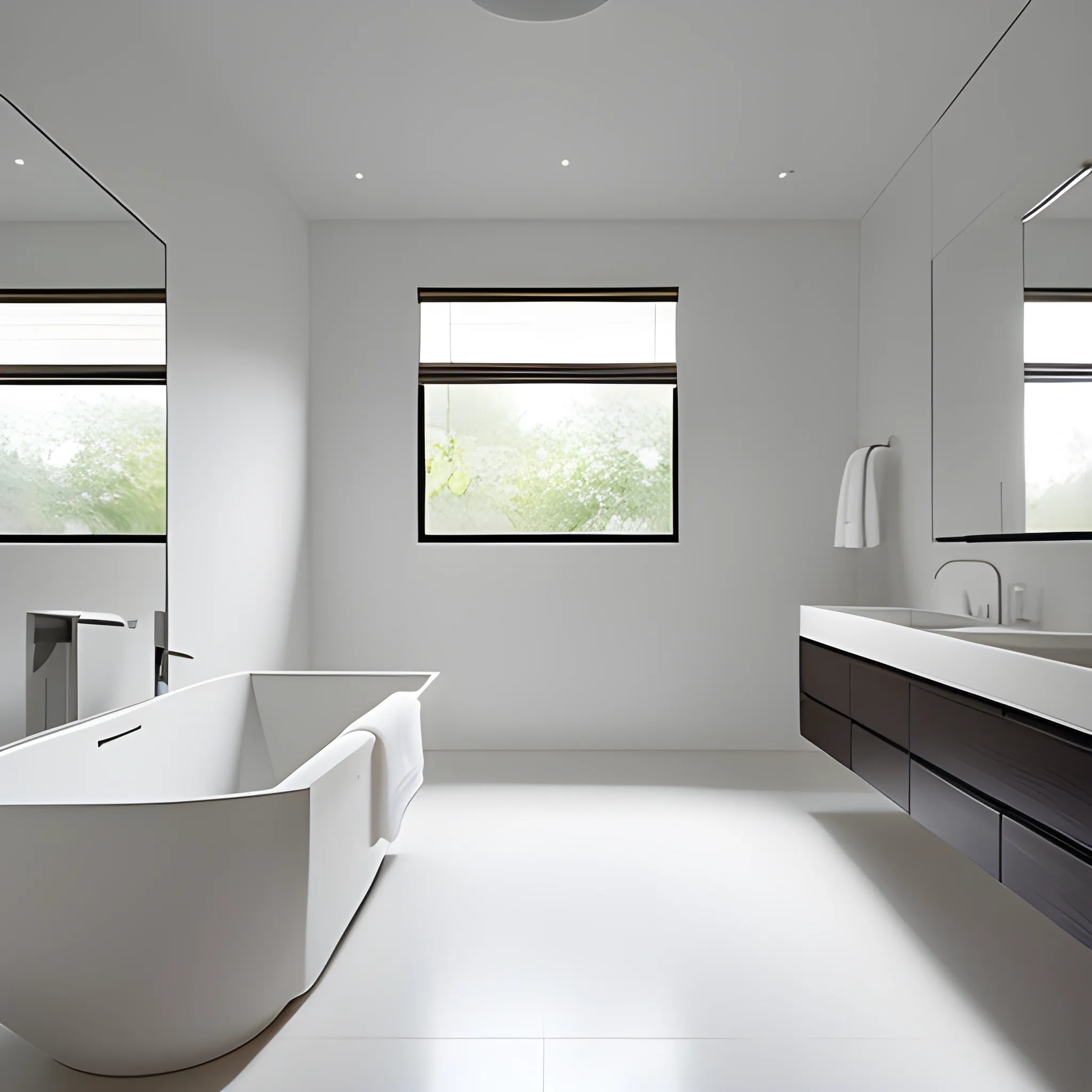 modern, minimalist, large bathroom, overhead natural light
