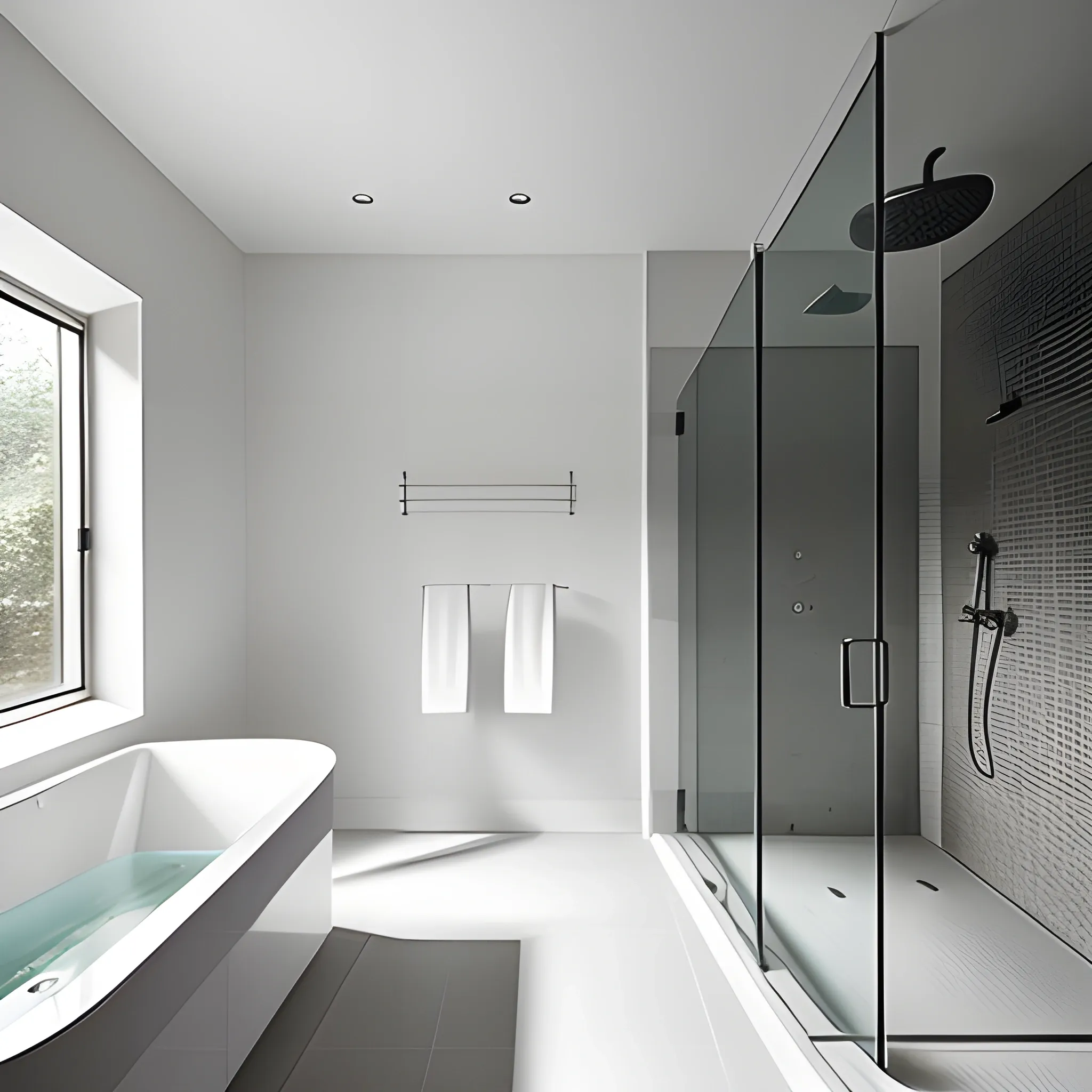 modern, minimalist, large bathroom, overhead natural light
, 3D