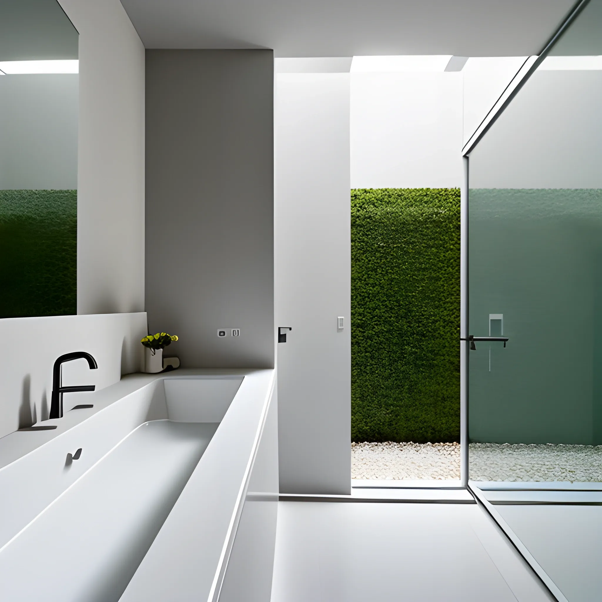 modern, minimalist, large bathroom, cenital natural light, madrid garden, walk-in bathtub