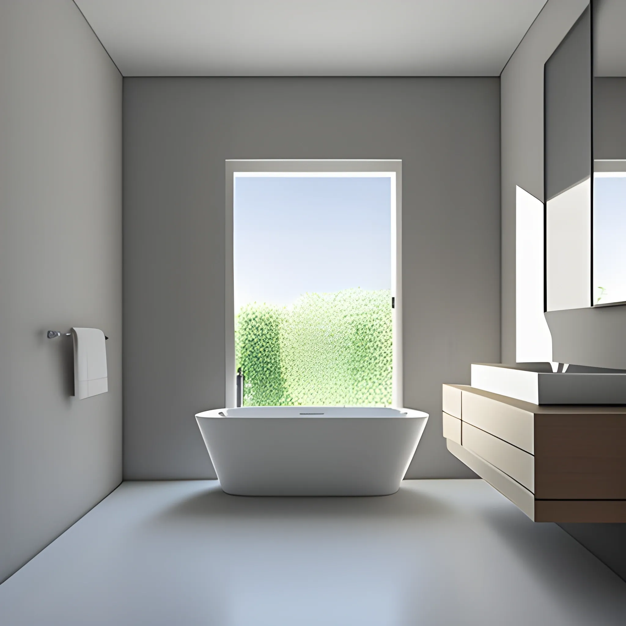 modern, minimalist, large bathroom, cenital natural light, madrid garden, walk-in bathtub, Pencil Sketch, Pencil Sketch