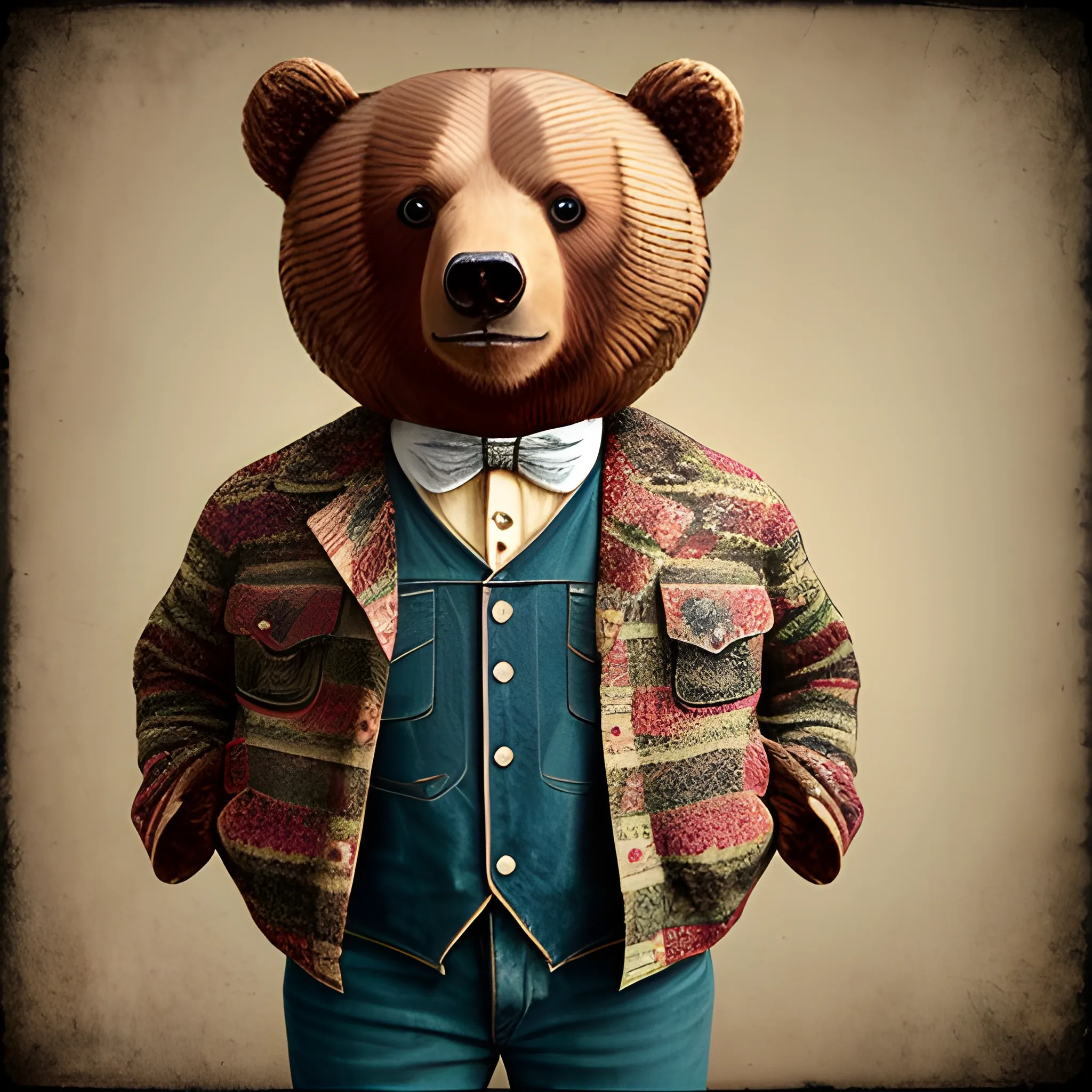 photo of bear dressed in vintage style clothes