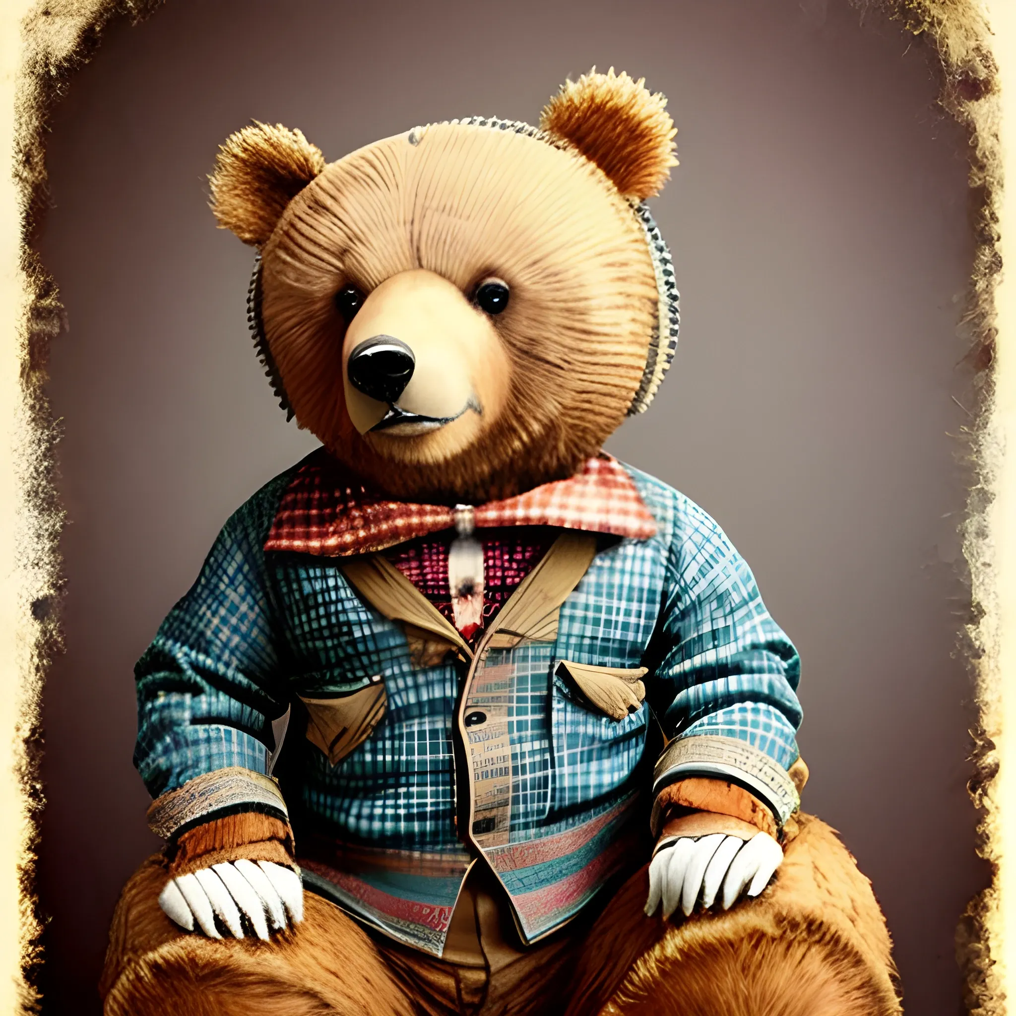 photo of real bear dressed in vintage style clothes