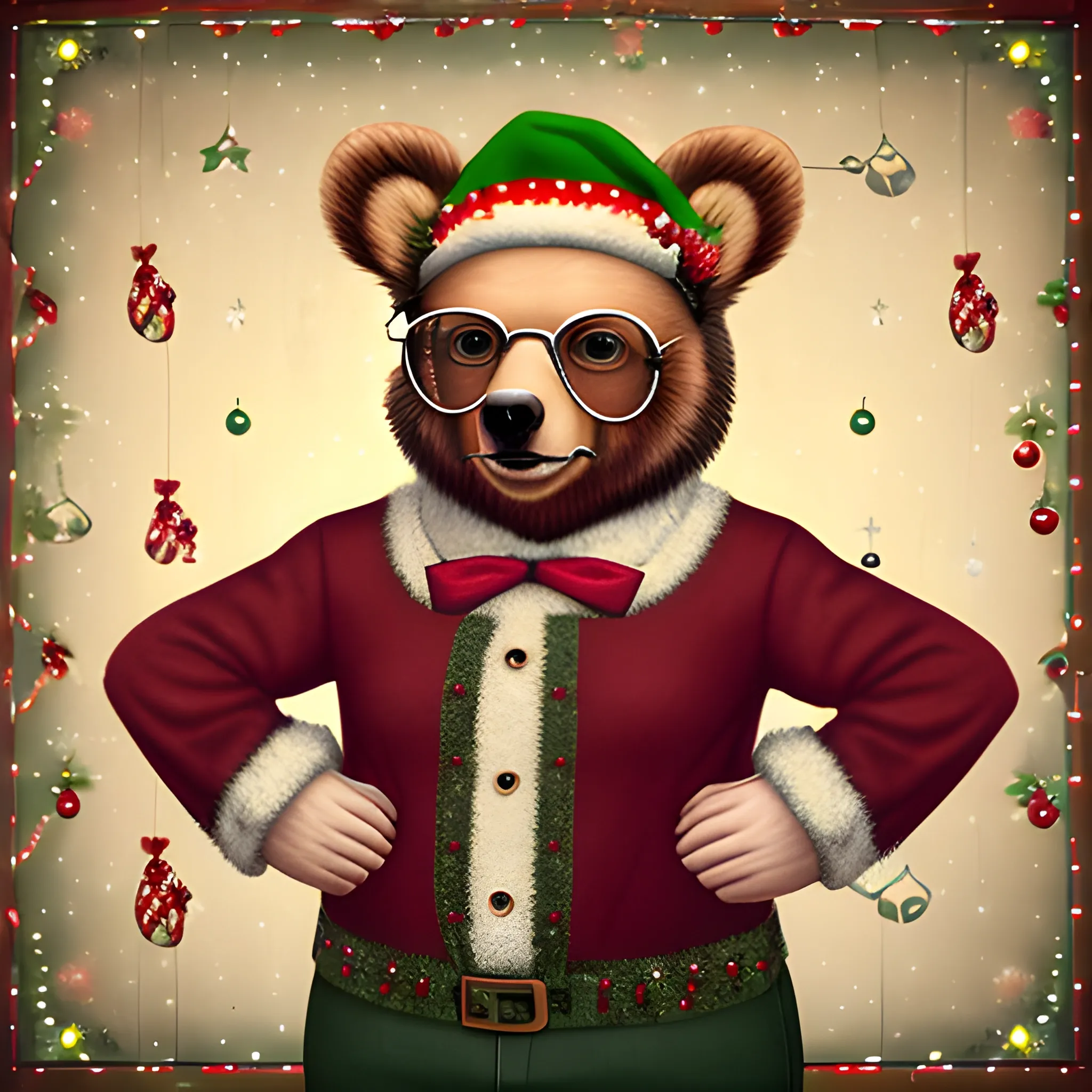 photo of real bear with glasses, dressed in vintage style clothes, christmas decoration background