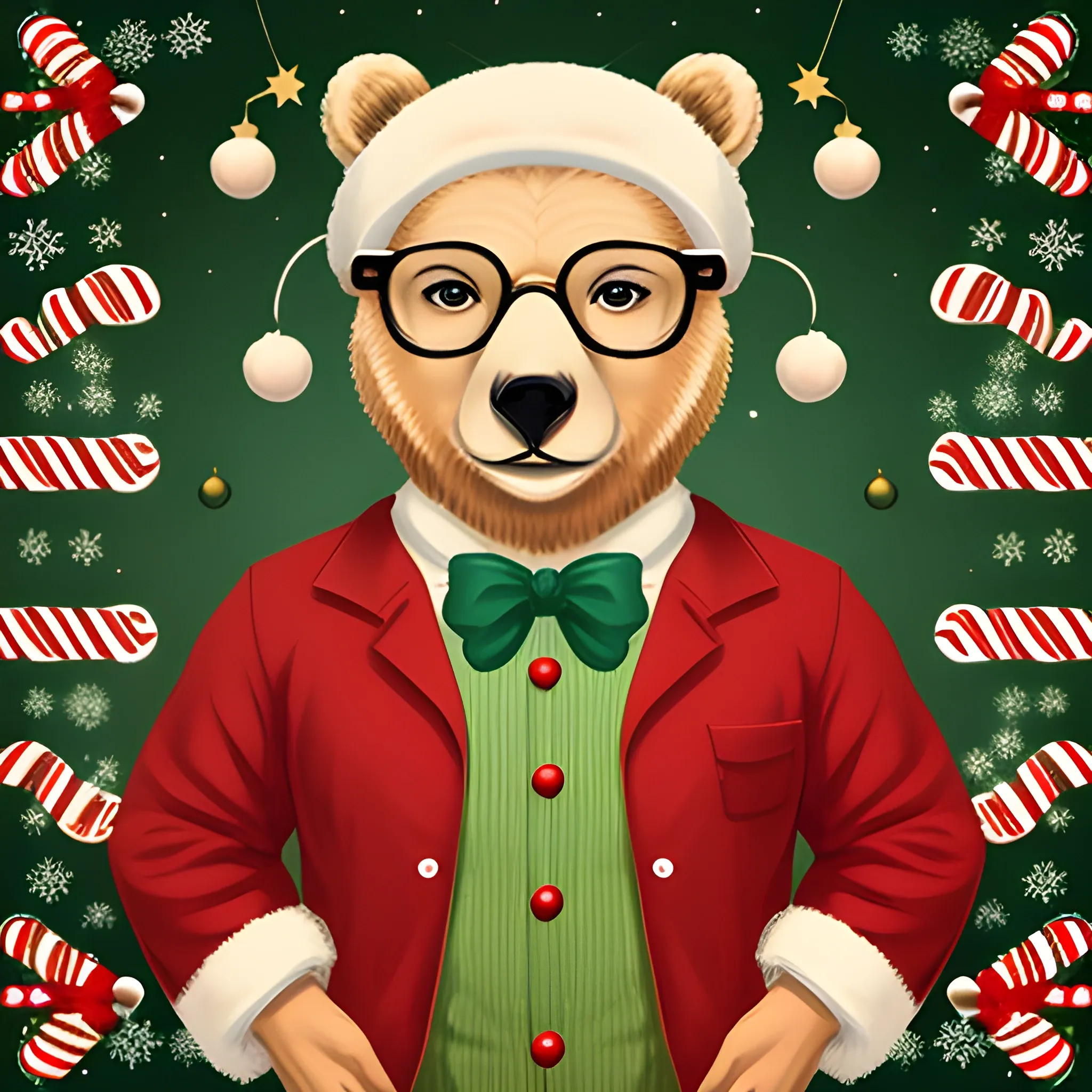  real bear with glasses, dressed in vintage style clothes, christmas decoration background