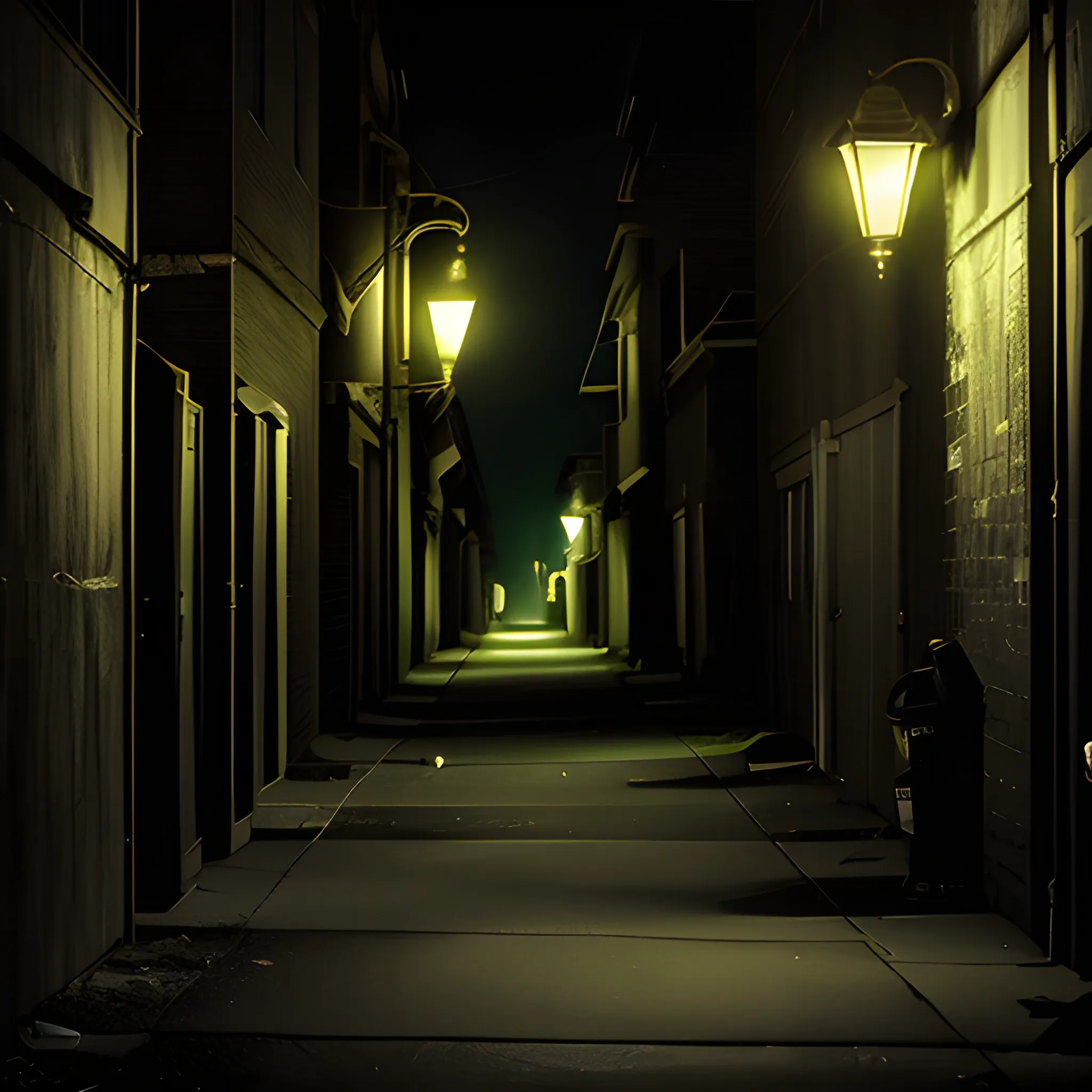 a lone street at night in the city, flickering street lamp, alleyway with a dumpster dark shadow figure in the alley