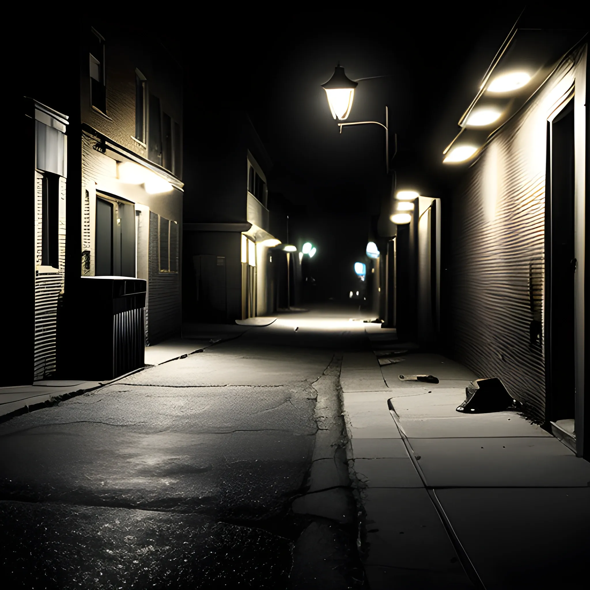 a lone street at night in the city, flickering street lamp, alleyway with a dumpster dark shadow figure in the alley, man near dumpster