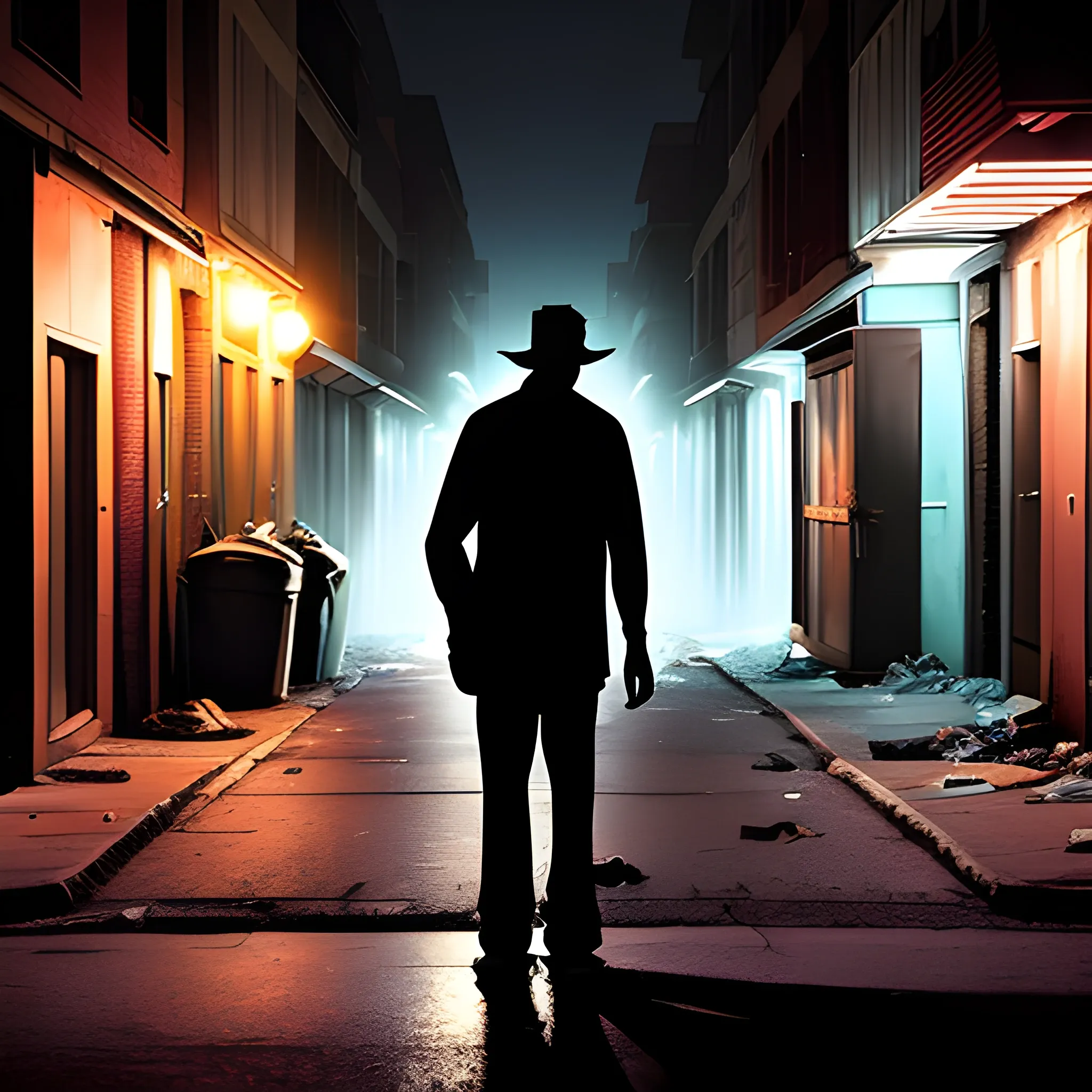 street at night in the city, intersection, one broken street lamp, alleyway opening, a garbage bin, dark silhouette figure in the alley, man near dumpster